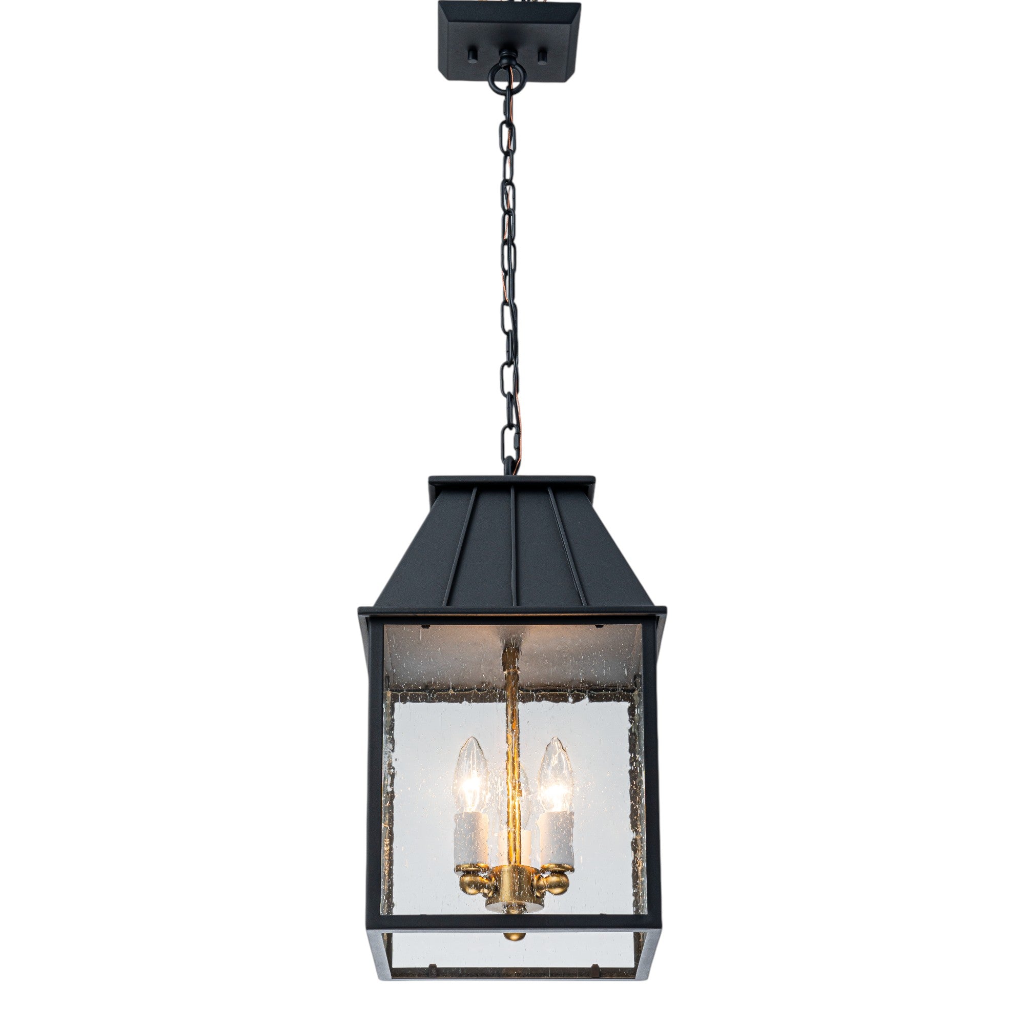 Glowlings 3-Light Modern IP23 Matte Black Seeded Glass Lantern Outdoor Pendant Light
