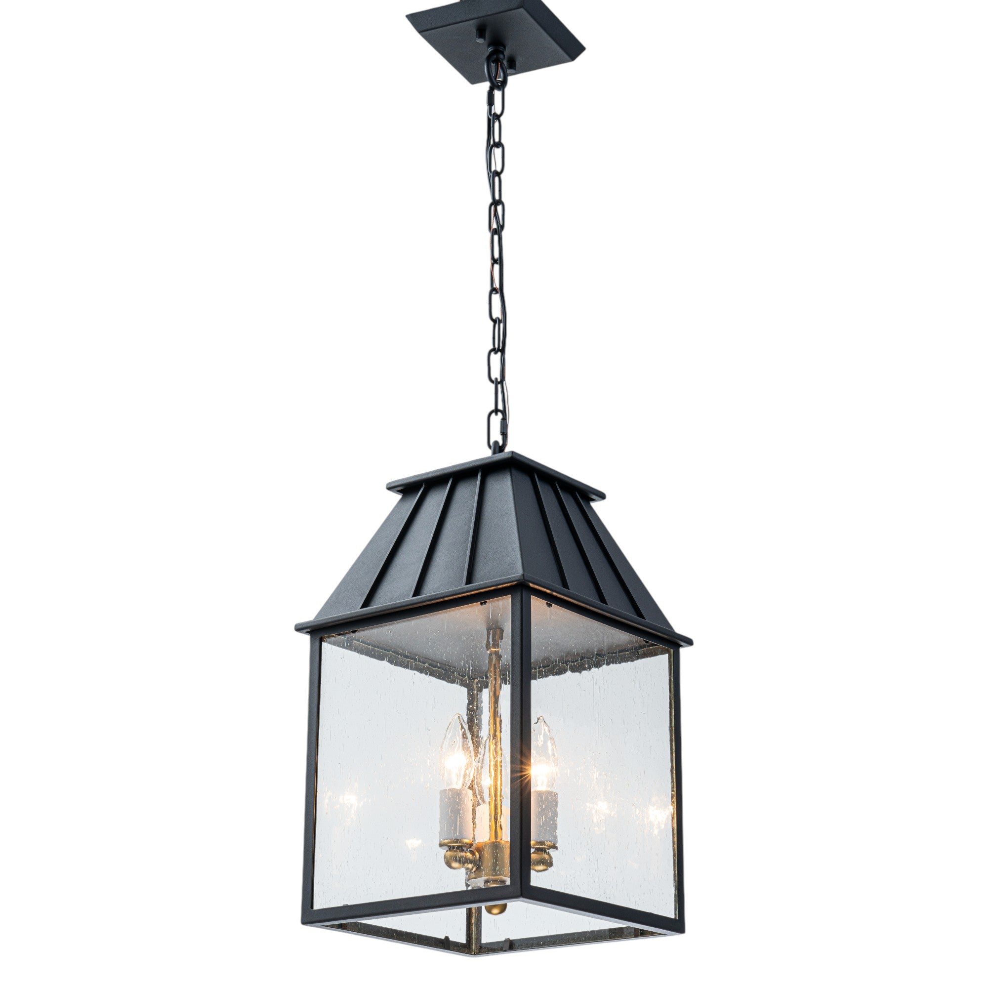 Glowlings 3-Light Modern IP23 Matte Black Seeded Glass Lantern Outdoor Pendant Light