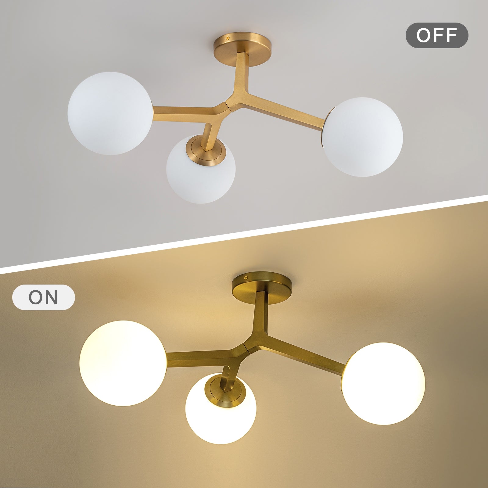 Glowlings 3-flammige, moderne 61 cm breite Opalglas-Kugel-Sputnik-Halbdeckenleuchte