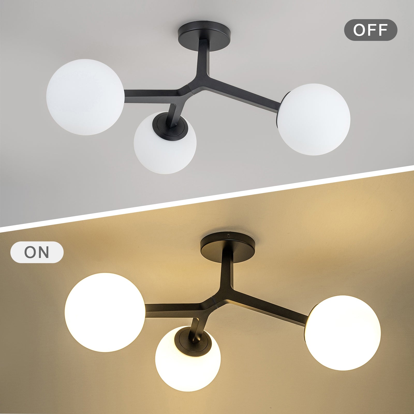 Glowlings 3-flammige, moderne 61 cm breite Opalglas-Kugel-Sputnik-Halbdeckenleuchte