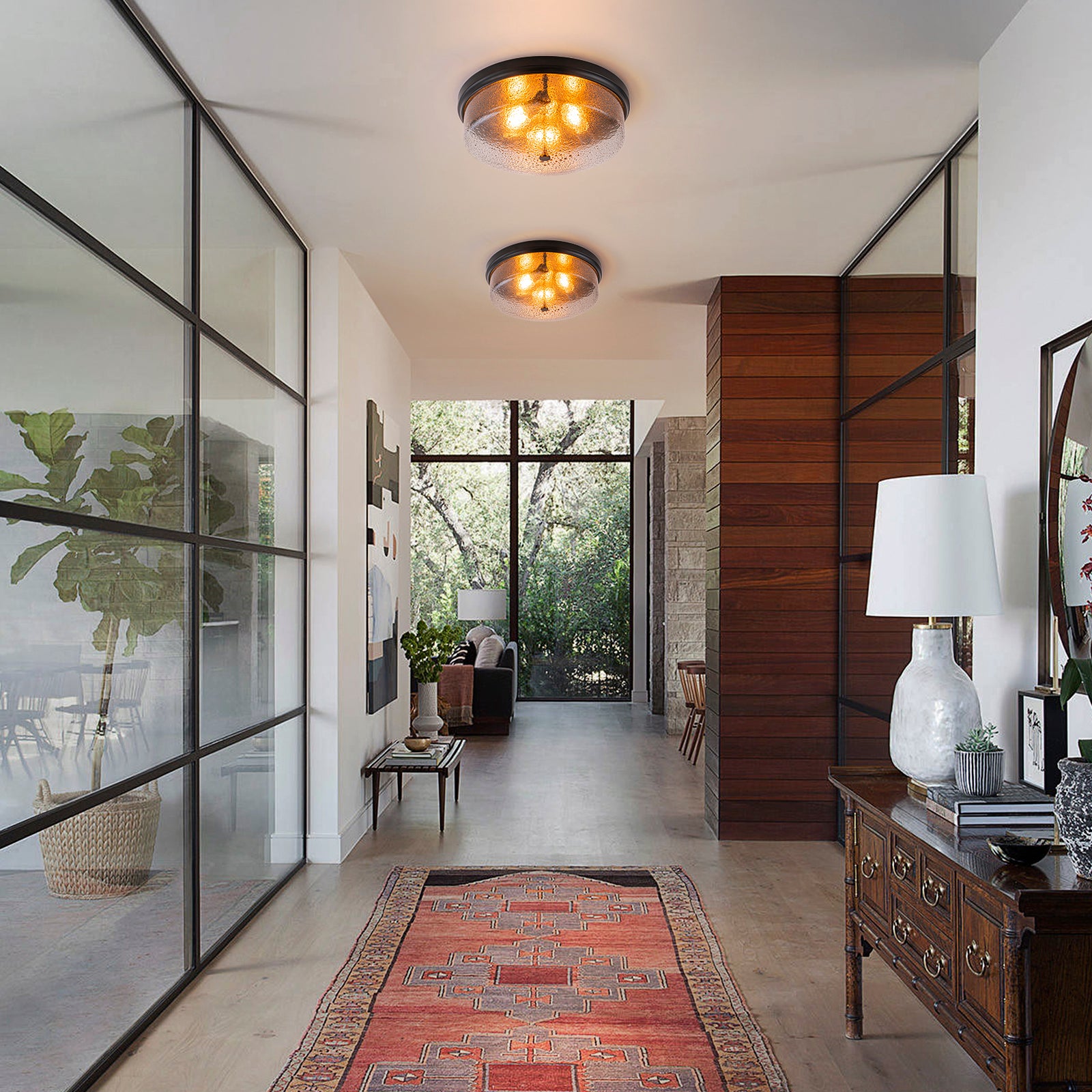 Glowlings 3-Light Modern 16"Wide Black/Gold Seeded Glass Drum Flush Mount Ceiling Light