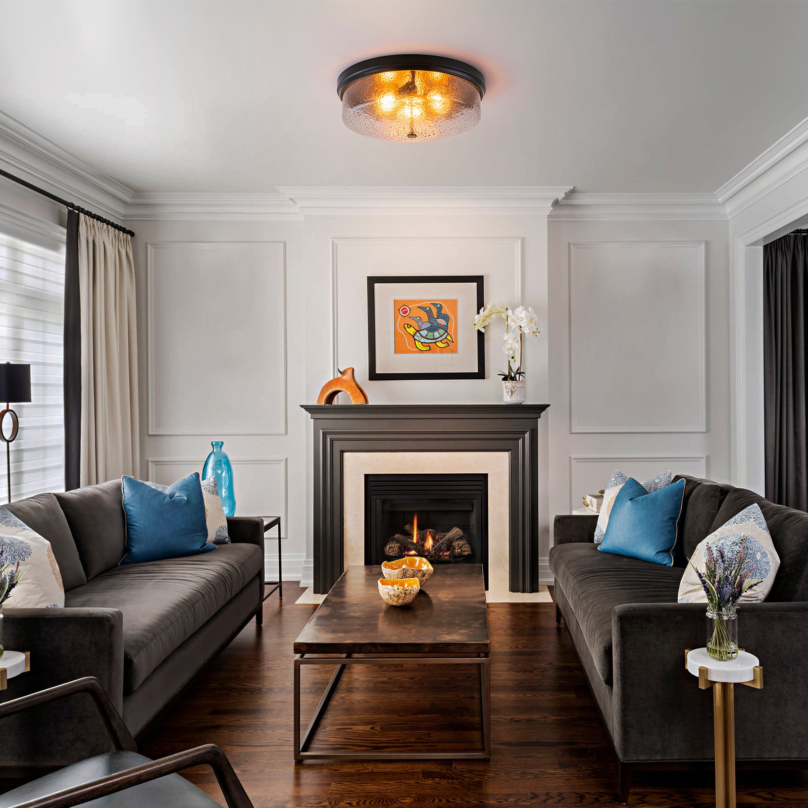 Glowlings 3-Light Modern 16"Wide Black/Gold Seeded Glass Drum Flush Mount Ceiling Light