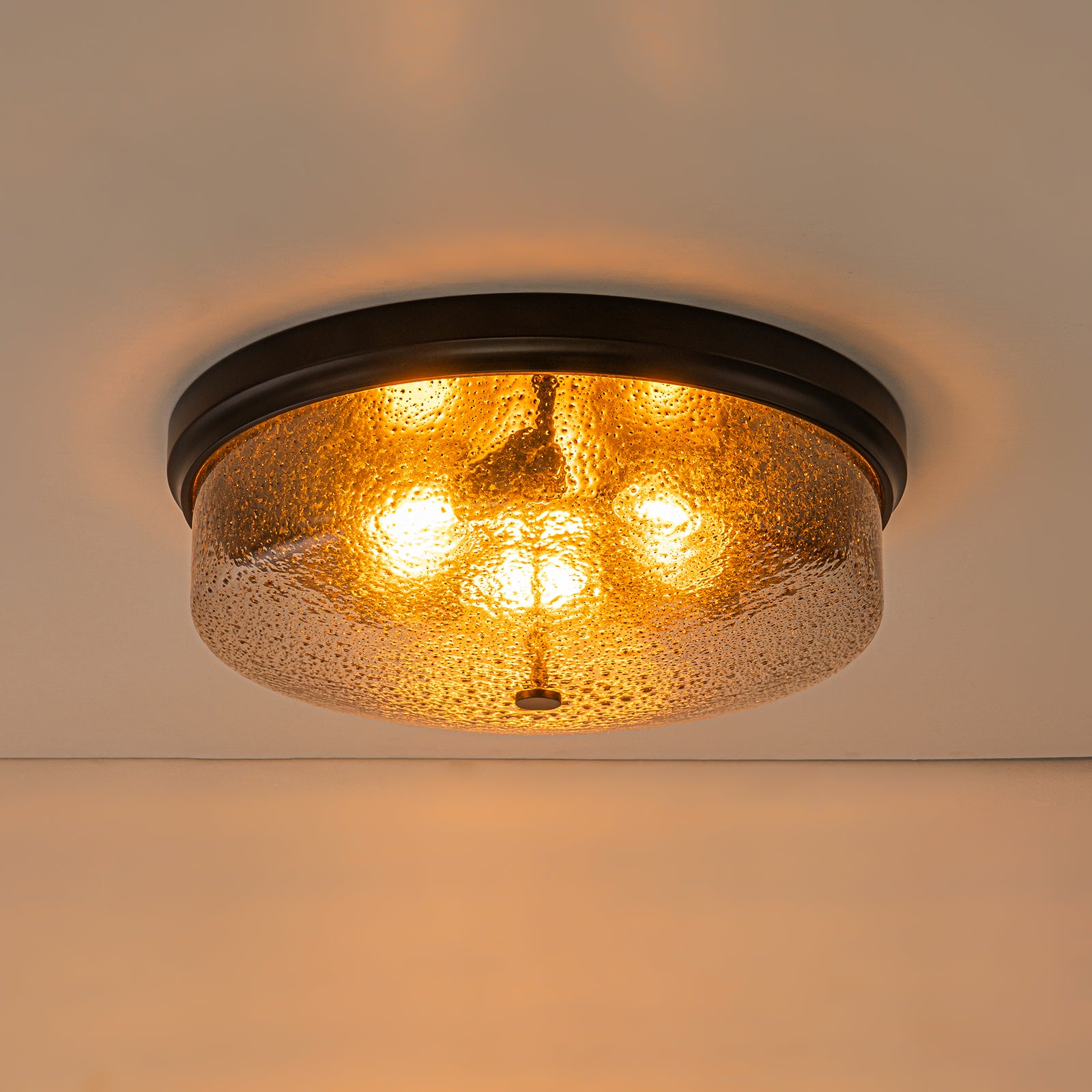 Glowlings 3-Light Modern 16"Wide Black/Gold Seeded Glass Drum Flush Mount Ceiling Light