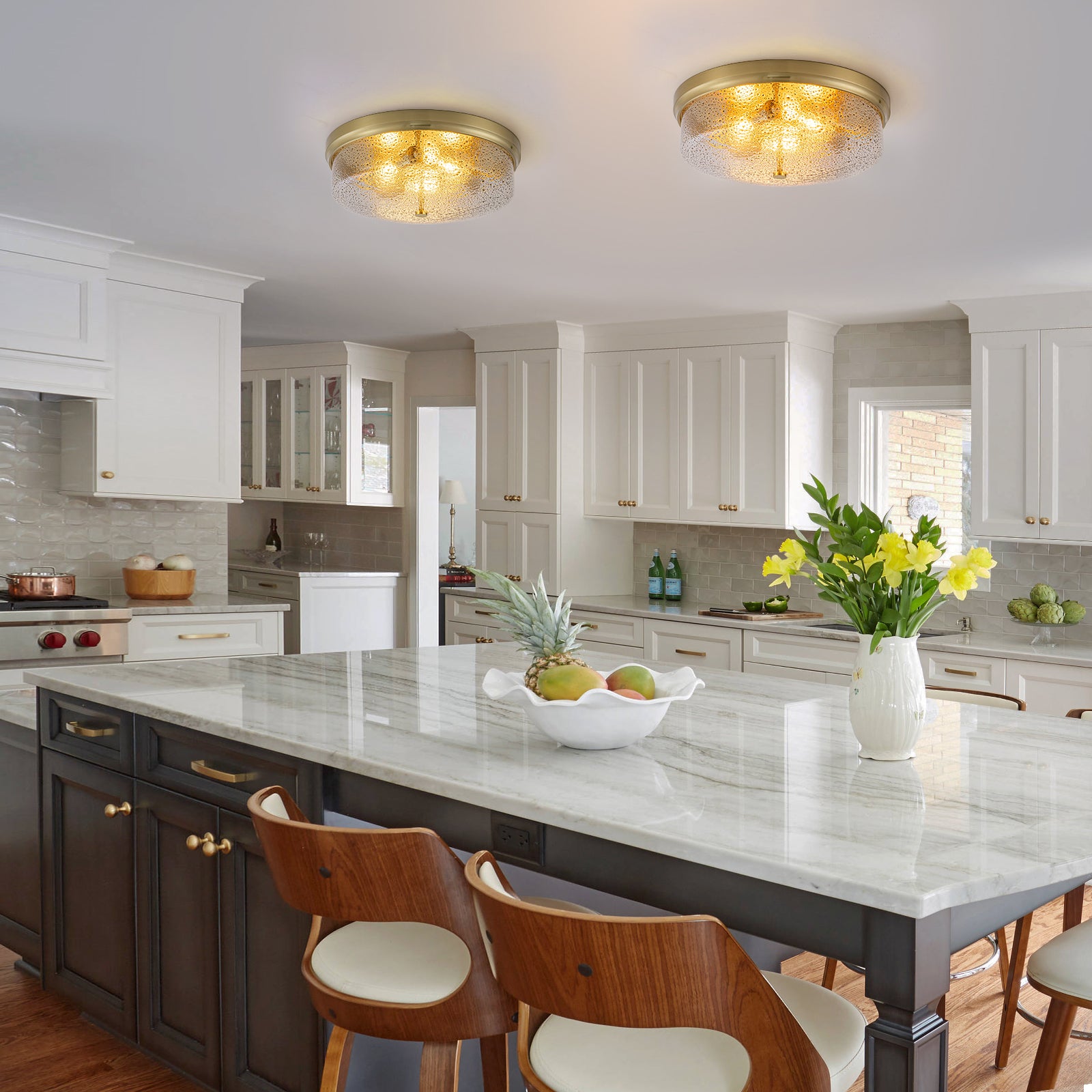 Glowlings 3-Light Modern 16"Wide Black/Gold Seeded Glass Drum Flush Mount Ceiling Light