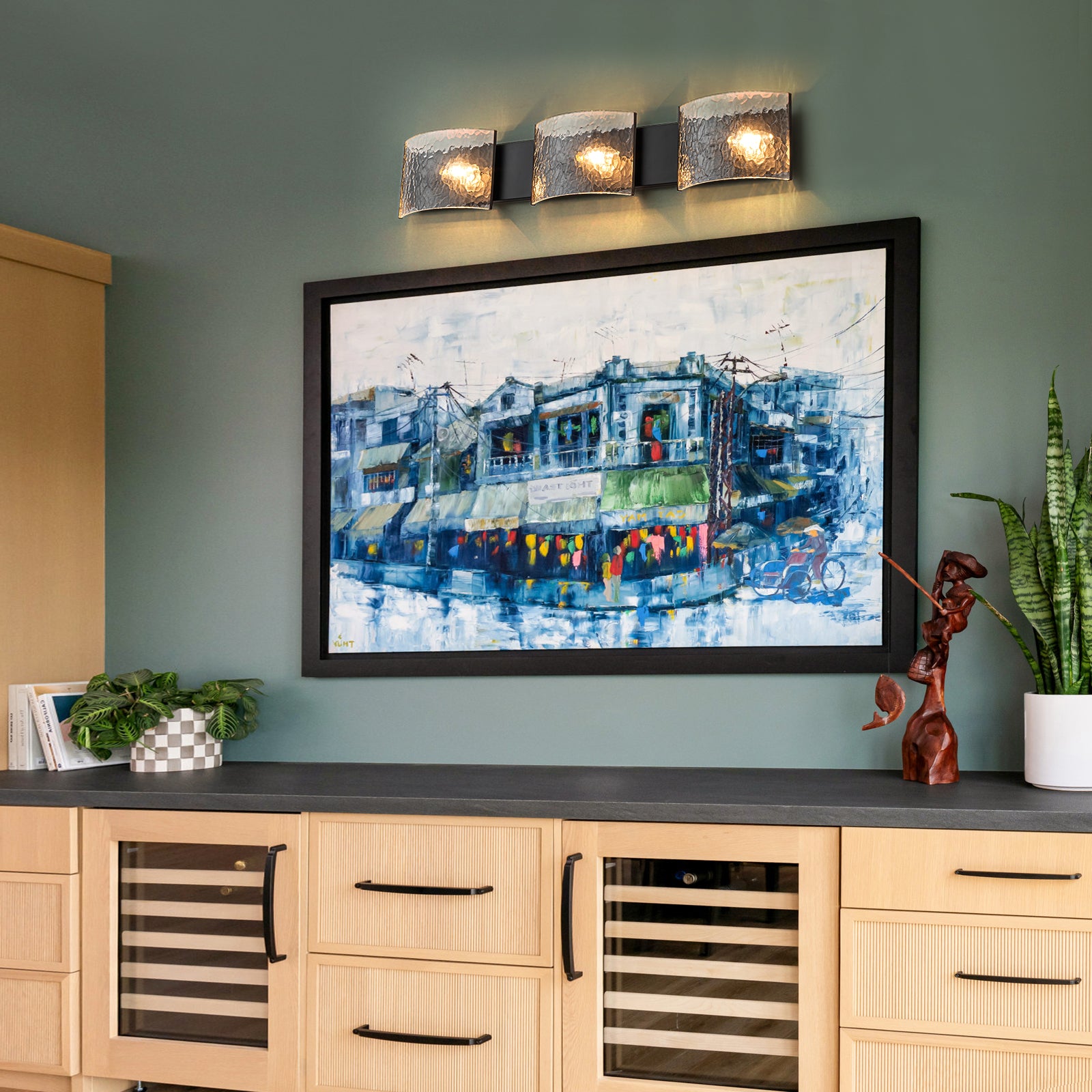 Leuchtende 3-flammige moderne Badezimmer-Waschtischleuchte mit Wasserwellen-Design aus klarem Glas