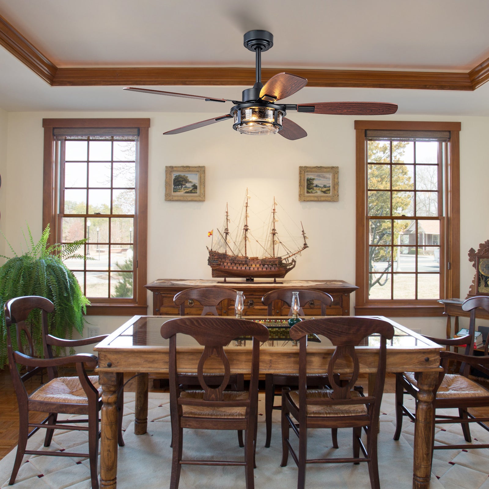Glowlings Rustic Farmhouse 51" Ceiling Fan with Lights - 3-Light Seeded Glass Shade, Wood Blades, 6-Speed Quiet Reversible Motor with Remote