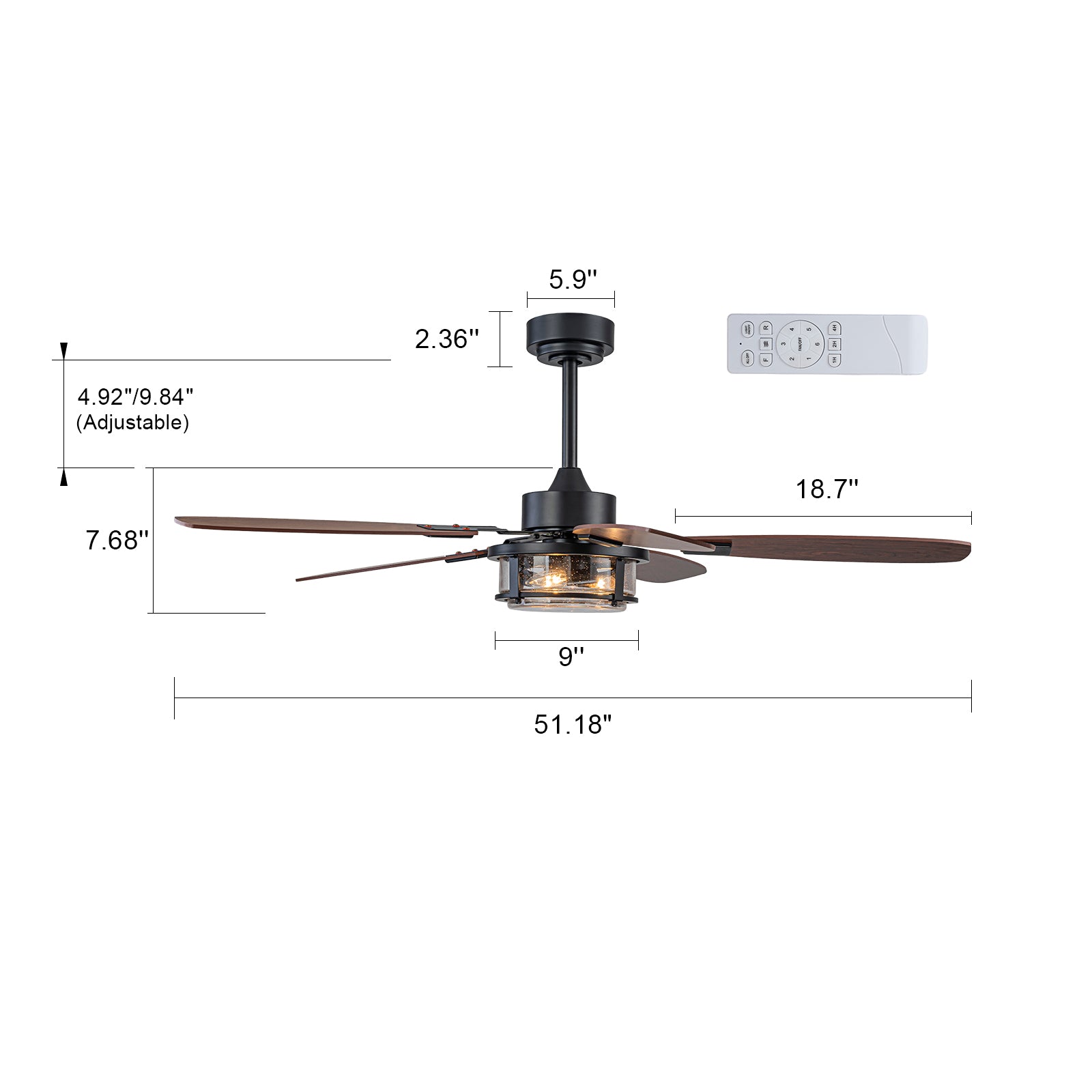 Glowlings Rustic Farmhouse 51" Ceiling Fan with Lights - 3-Light Seeded Glass Shade, Wood Blades, 6-Speed Quiet Reversible Motor with Remote