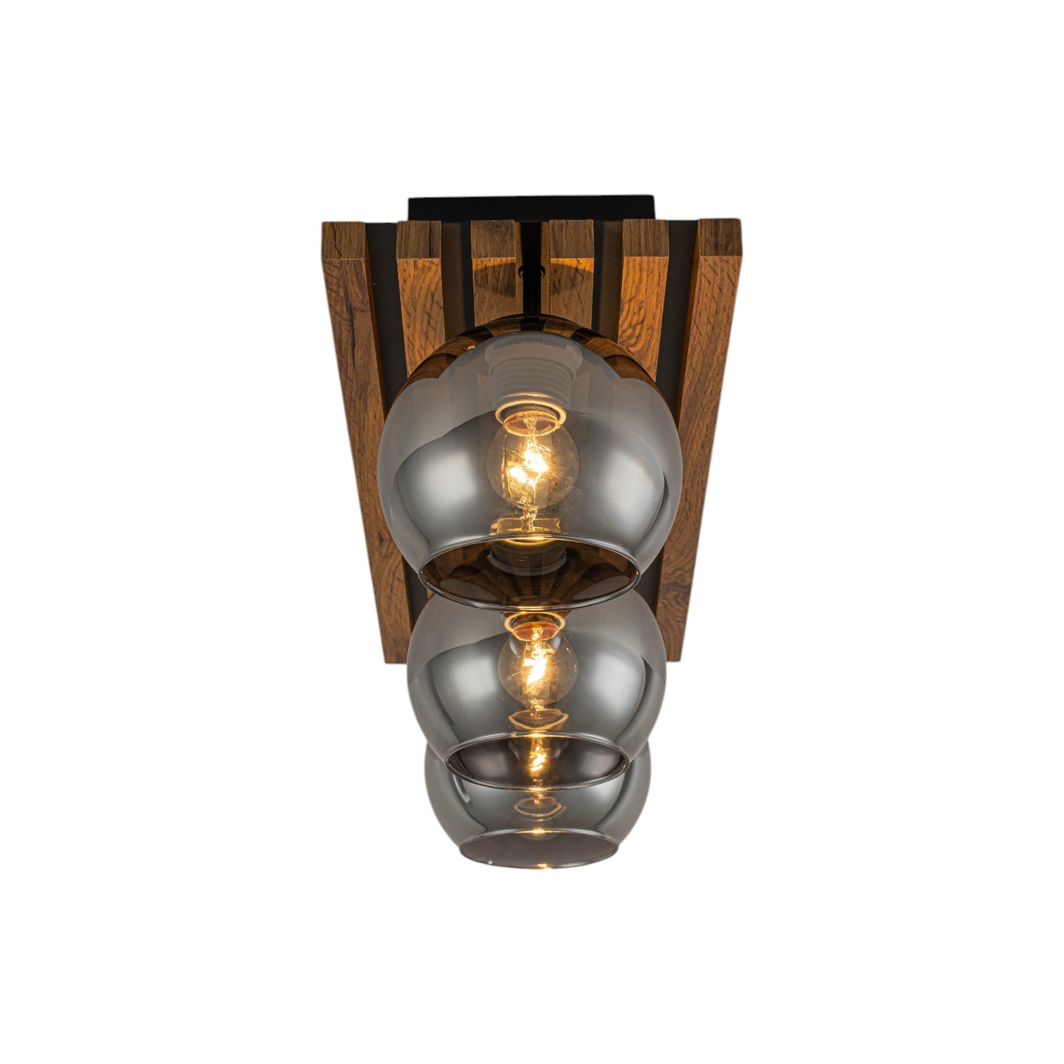 Glowlings 3-Light Rustic 24"Wide Linear Walnut Wood Finish Flush Mount Track Lighting with Smoked Gray Glass Shade