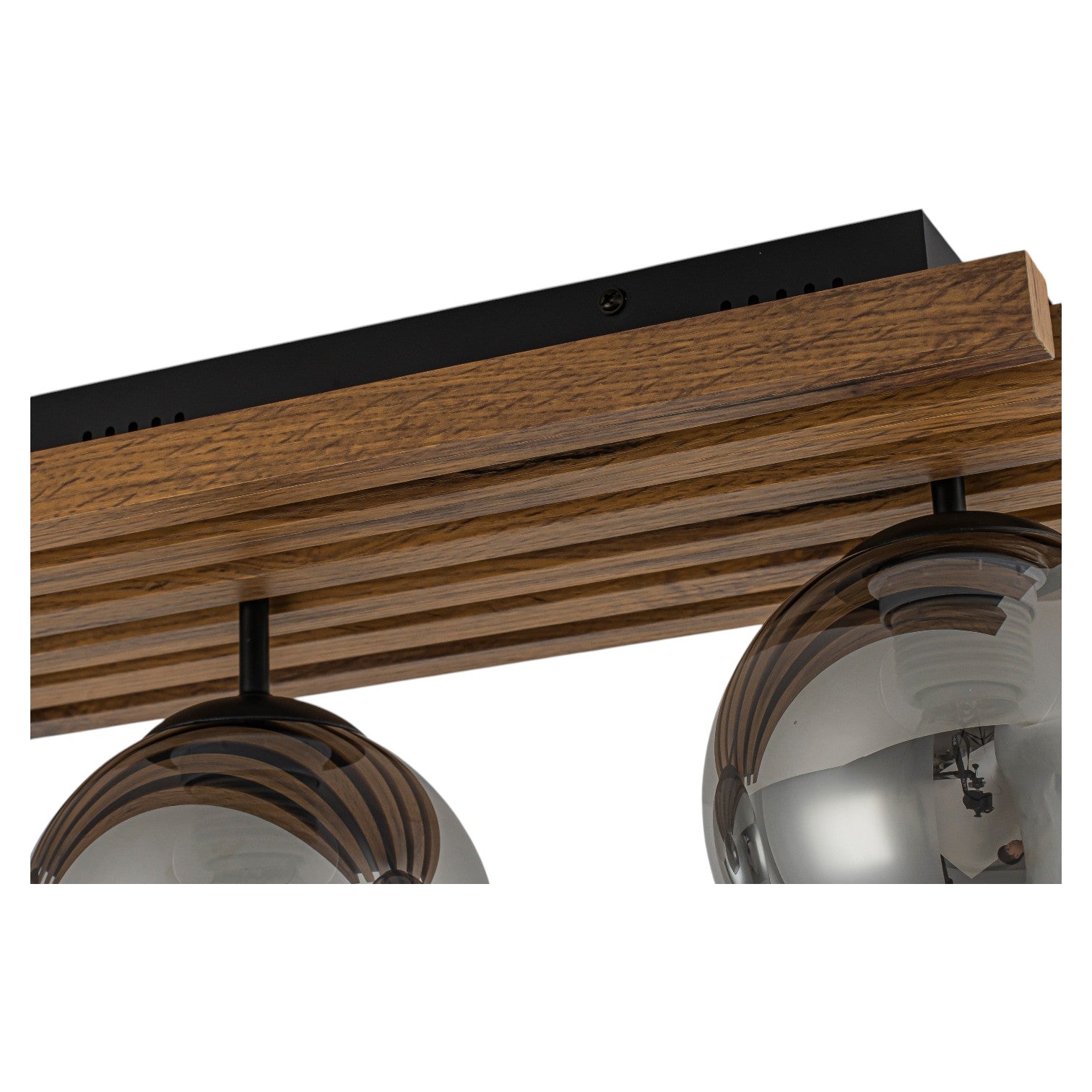 Glowlings 3-Light Rustic 24"Wide Linear Walnut Wood Finish Flush Mount Track Lighting with Smoked Gray Glass Shade