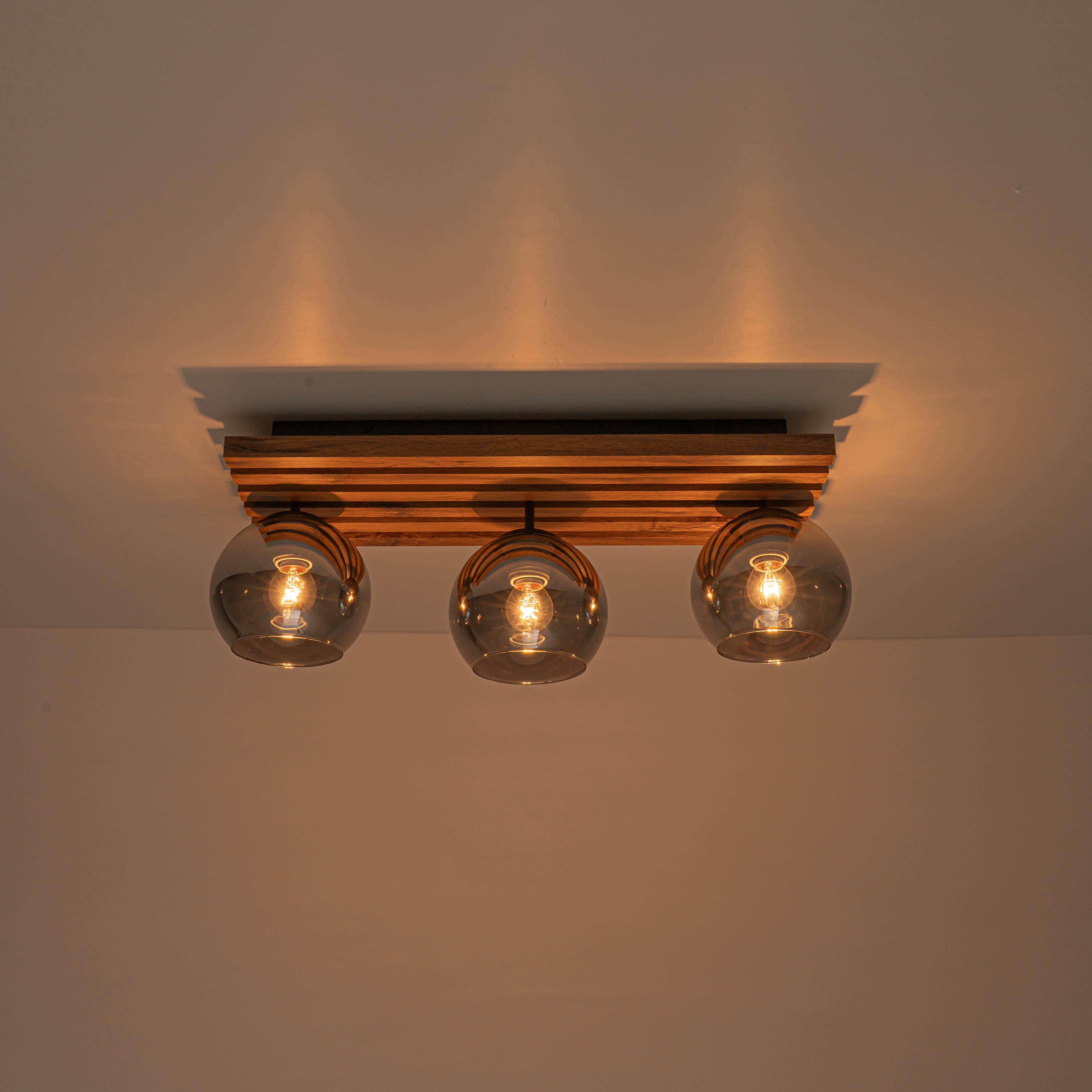 Glowlings 3-Light Rustic 24"Wide Linear Walnut Wood Finish Flush Mount Track Lighting with Smoked Gray Glass Shade