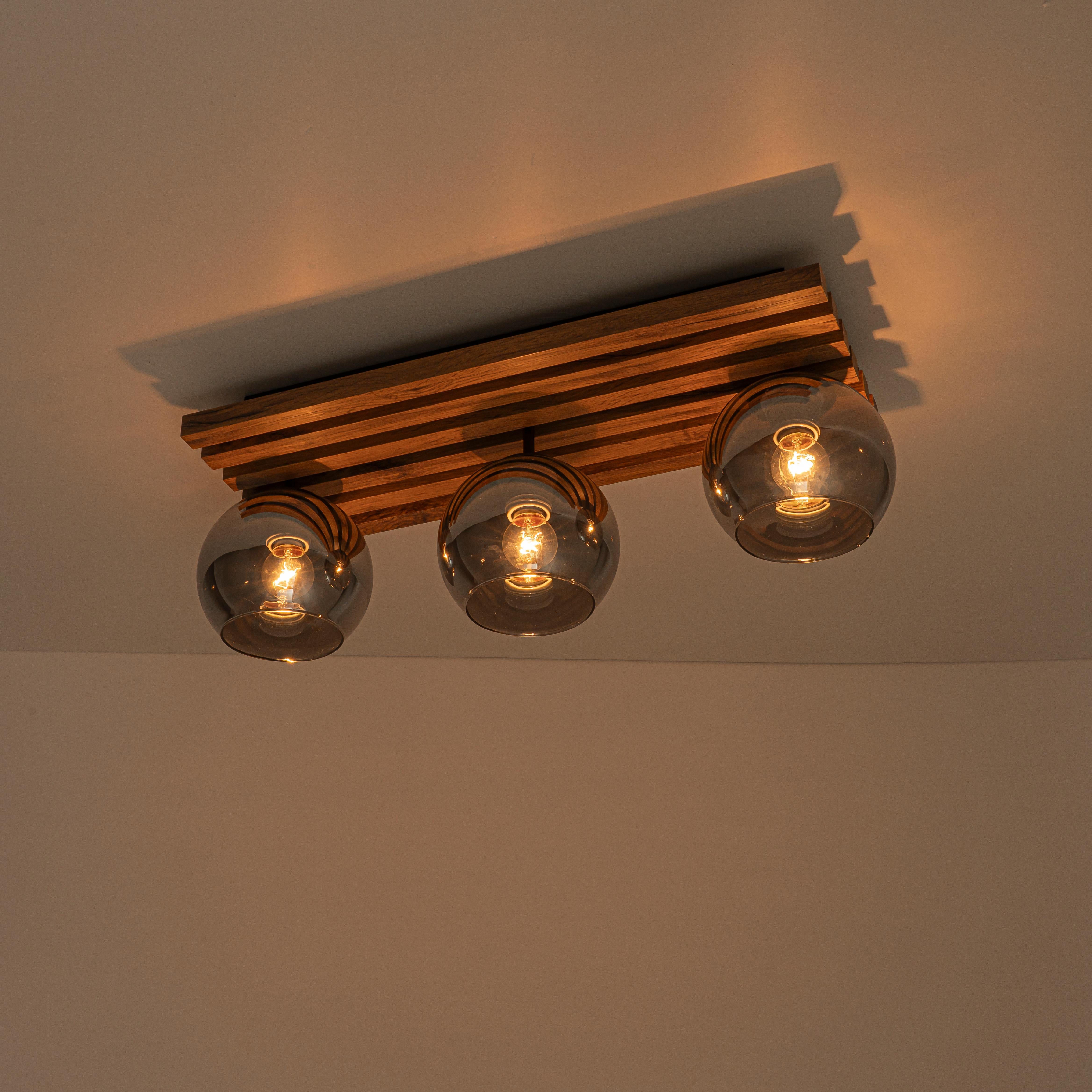 Glowlings 3-Light Rustic 24"Wide Linear Walnut Wood Finish Flush Mount Track Lighting with Smoked Gray Glass Shade
