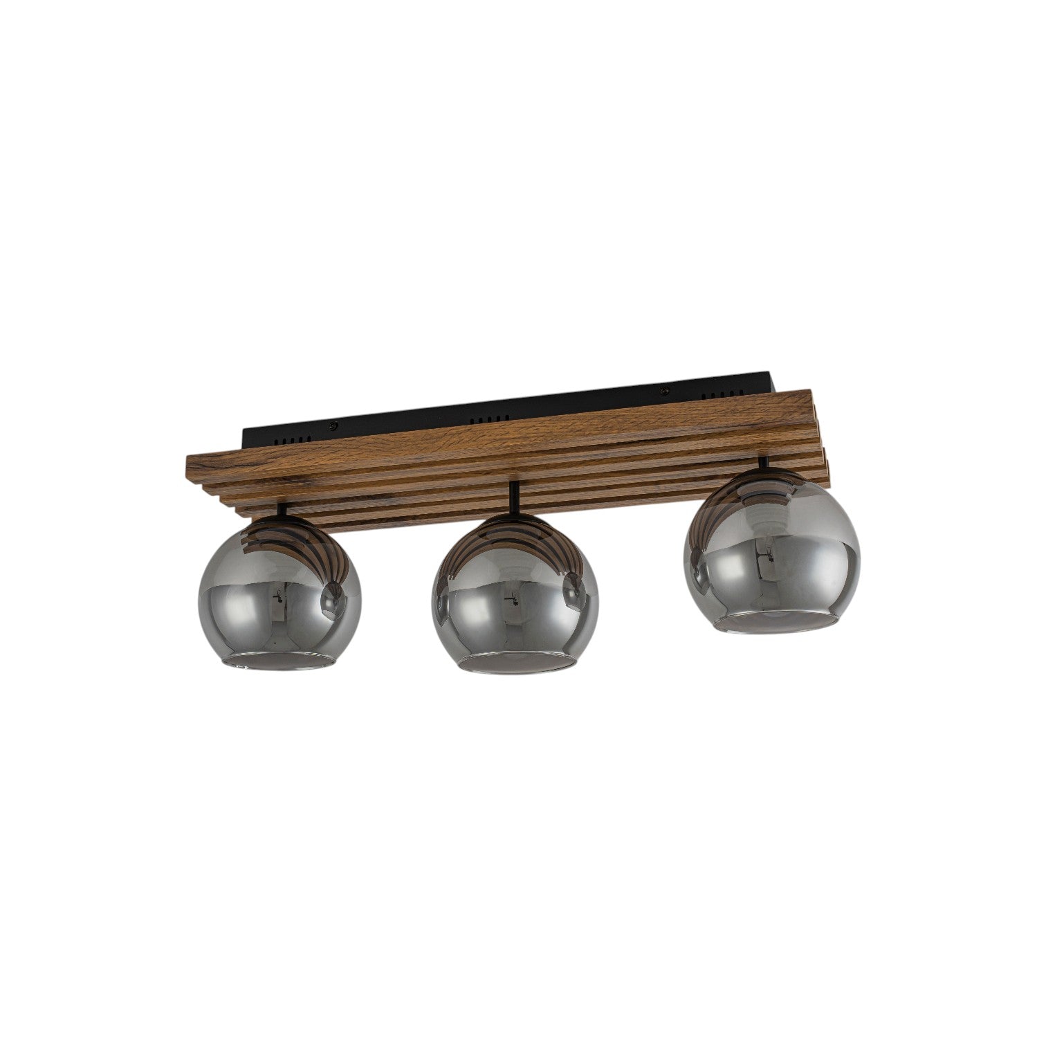 Glowlings 3-Light Rustic 24"Wide Linear Walnut Wood Finish Flush Mount Track Lighting with Smoked Gray Glass Shade