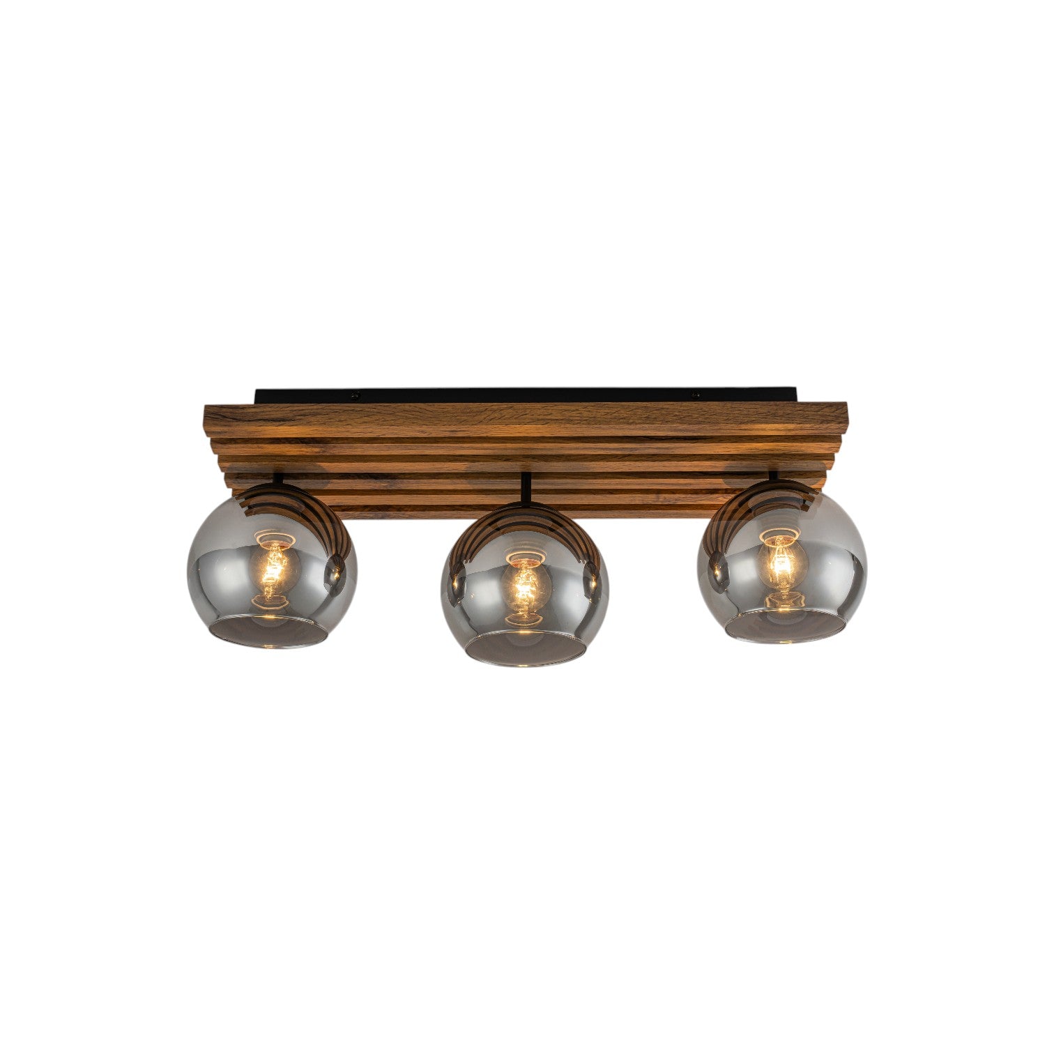 Glowlings 3-Light Rustic 24"Wide Linear Walnut Wood Finish Flush Mount Track Lighting with Smoked Gray Glass Shade