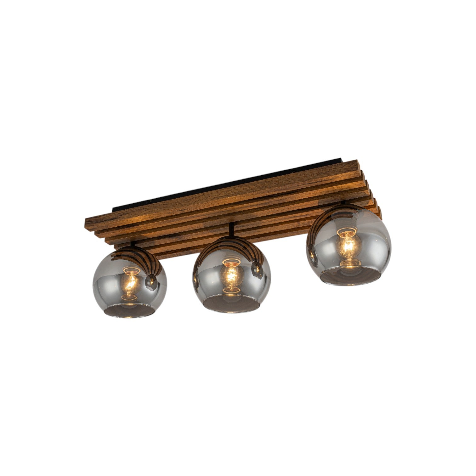 Glowlings 3-Light Rustic 24"Wide Linear Walnut Wood Finish Flush Mount Track Lighting with Smoked Gray Glass Shade