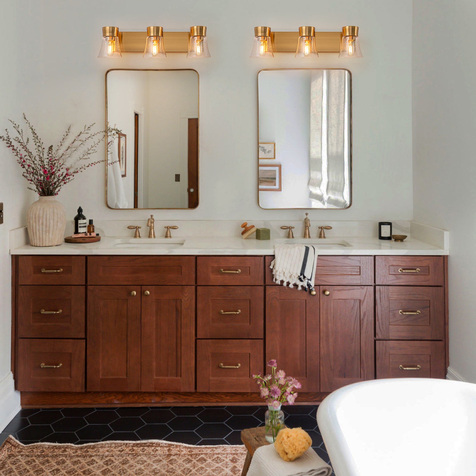 Glowlings 3-Light Vintage Antique Brass Cone Seeded Glass Bathroom Vanity Light