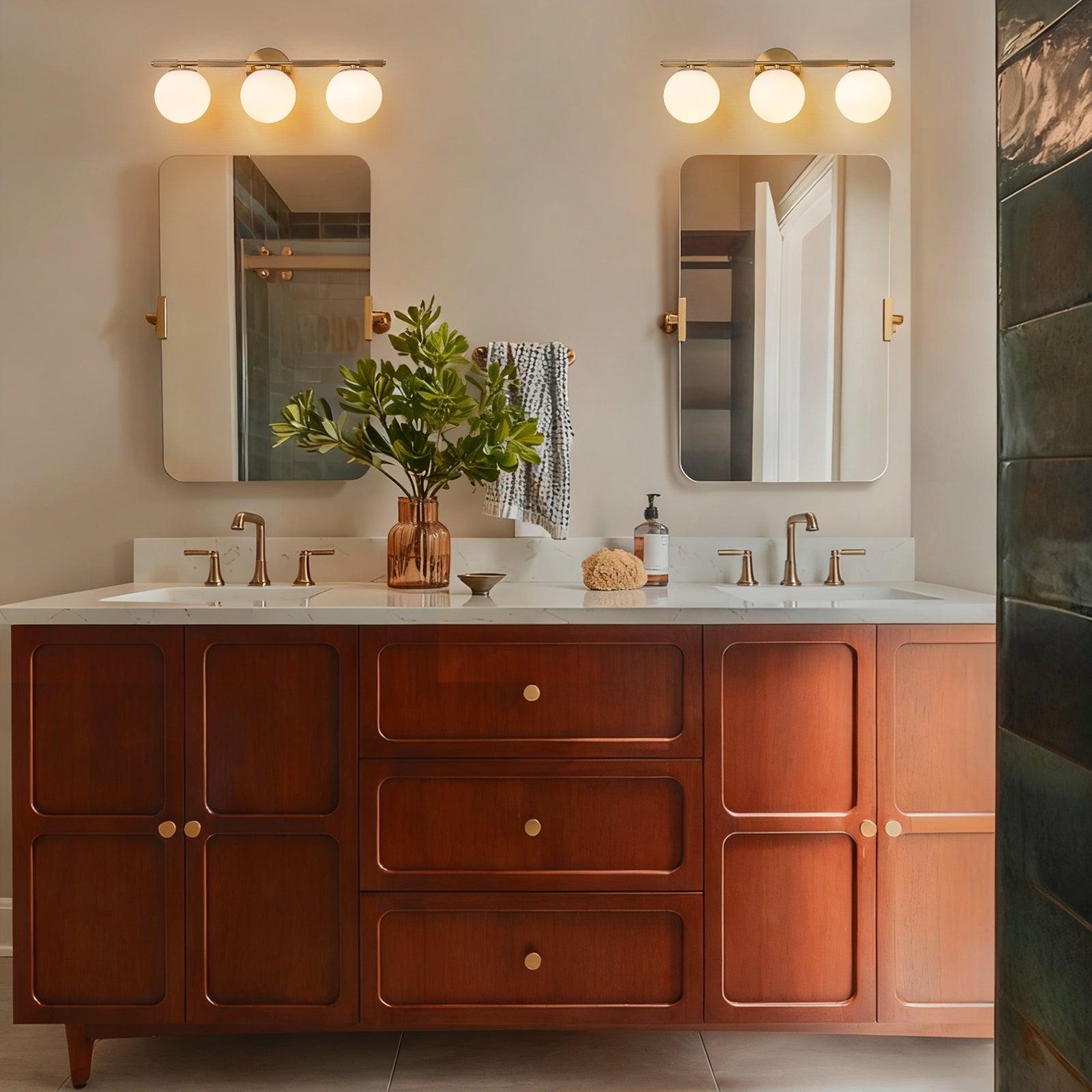 Glowlings 3-Light Vintage Antique Copper Globe Opal Glass Bathroom Vanity Light