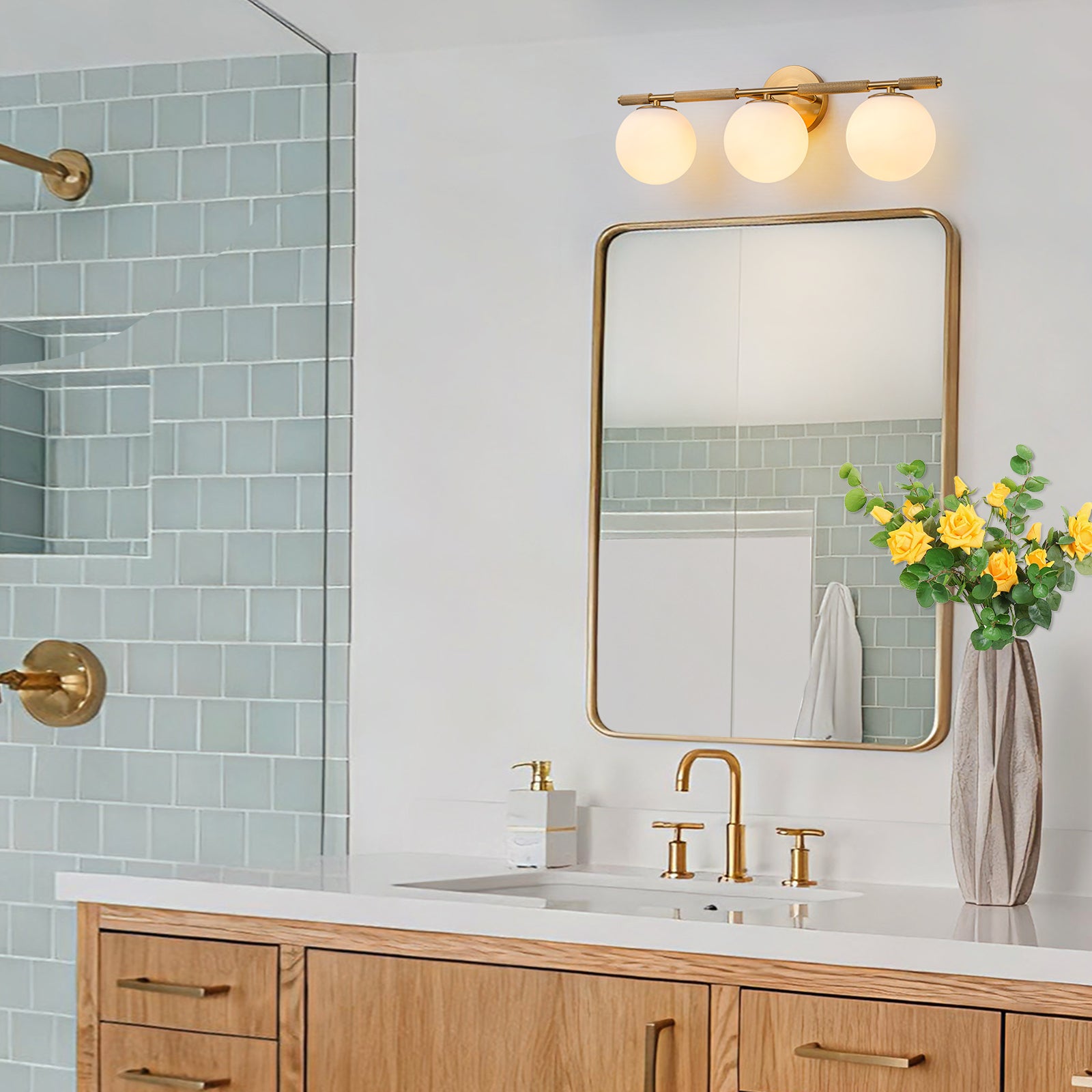 Glowlings 3-Light Vintage Antique Copper Globe Opal Glass Bathroom Vanity Light