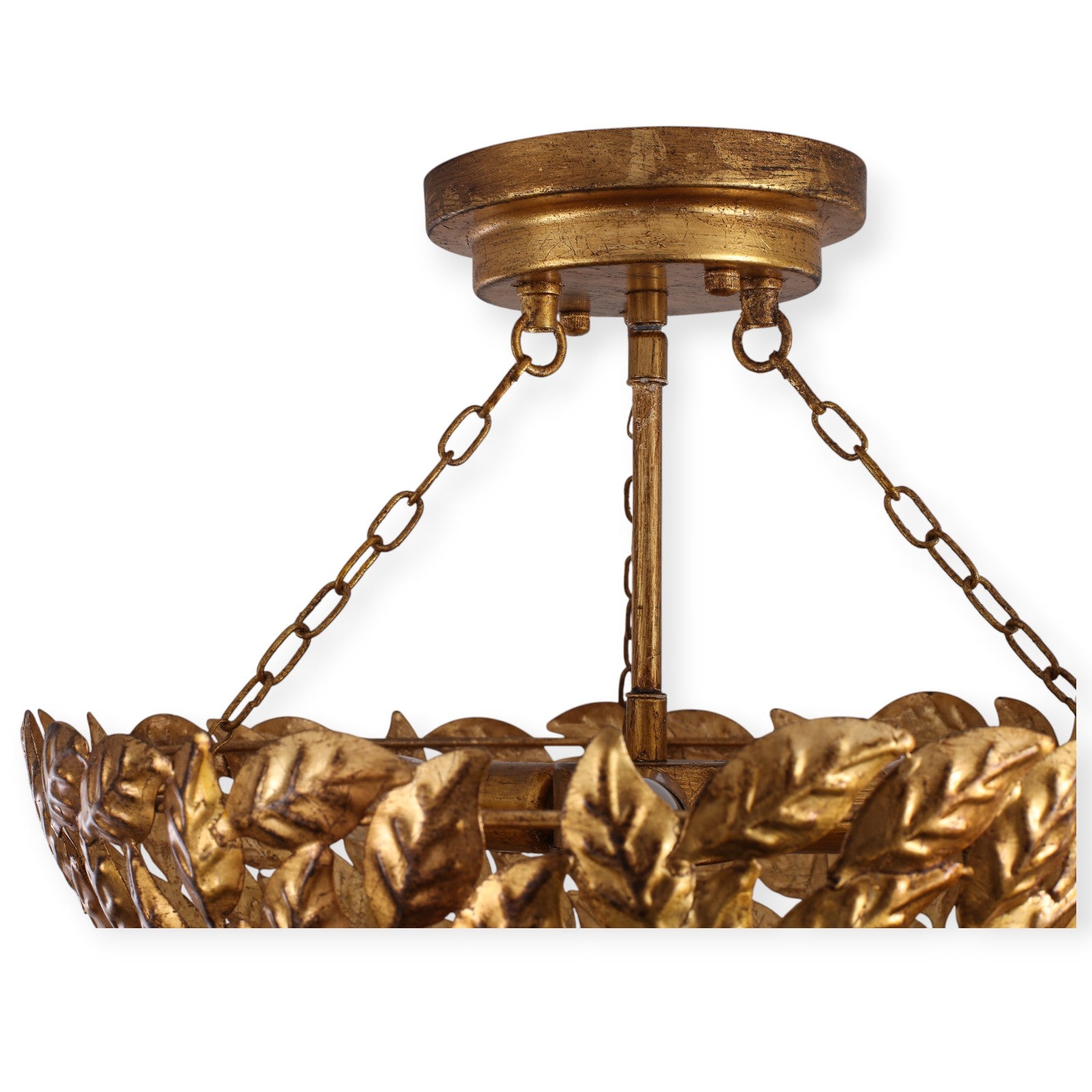 Glowlings 3-Light Vintage 16"Wide Antique Gild Gold Leaf Leaves Round Semi-Flush Mount