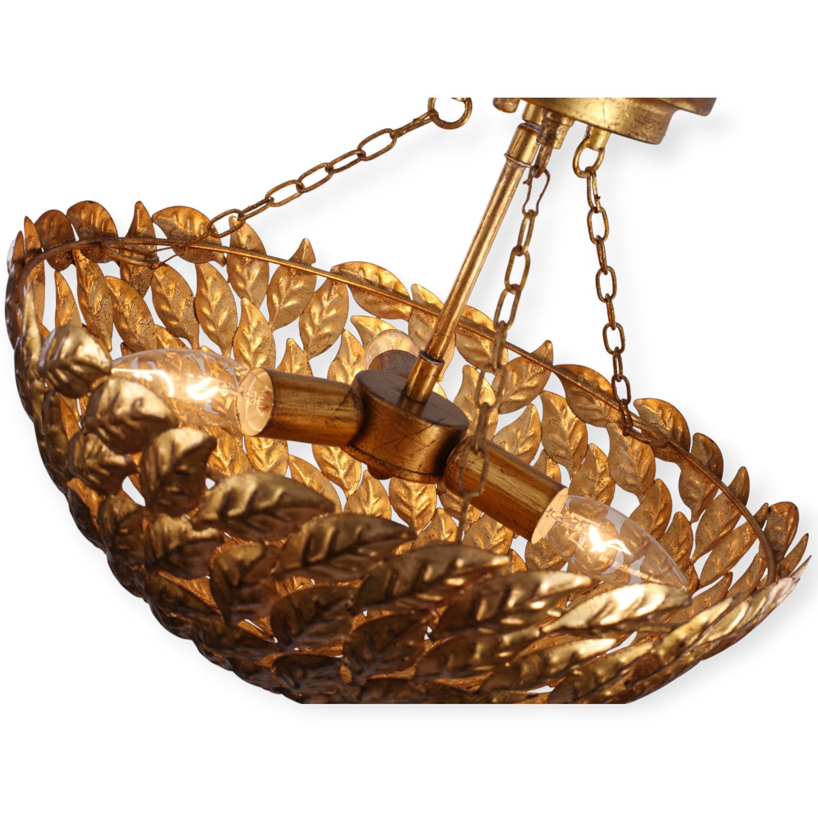 Glowlings 3-Light Vintage 16"Wide Antique Gild Gold Leaf Leaves Round Semi-Flush Mount