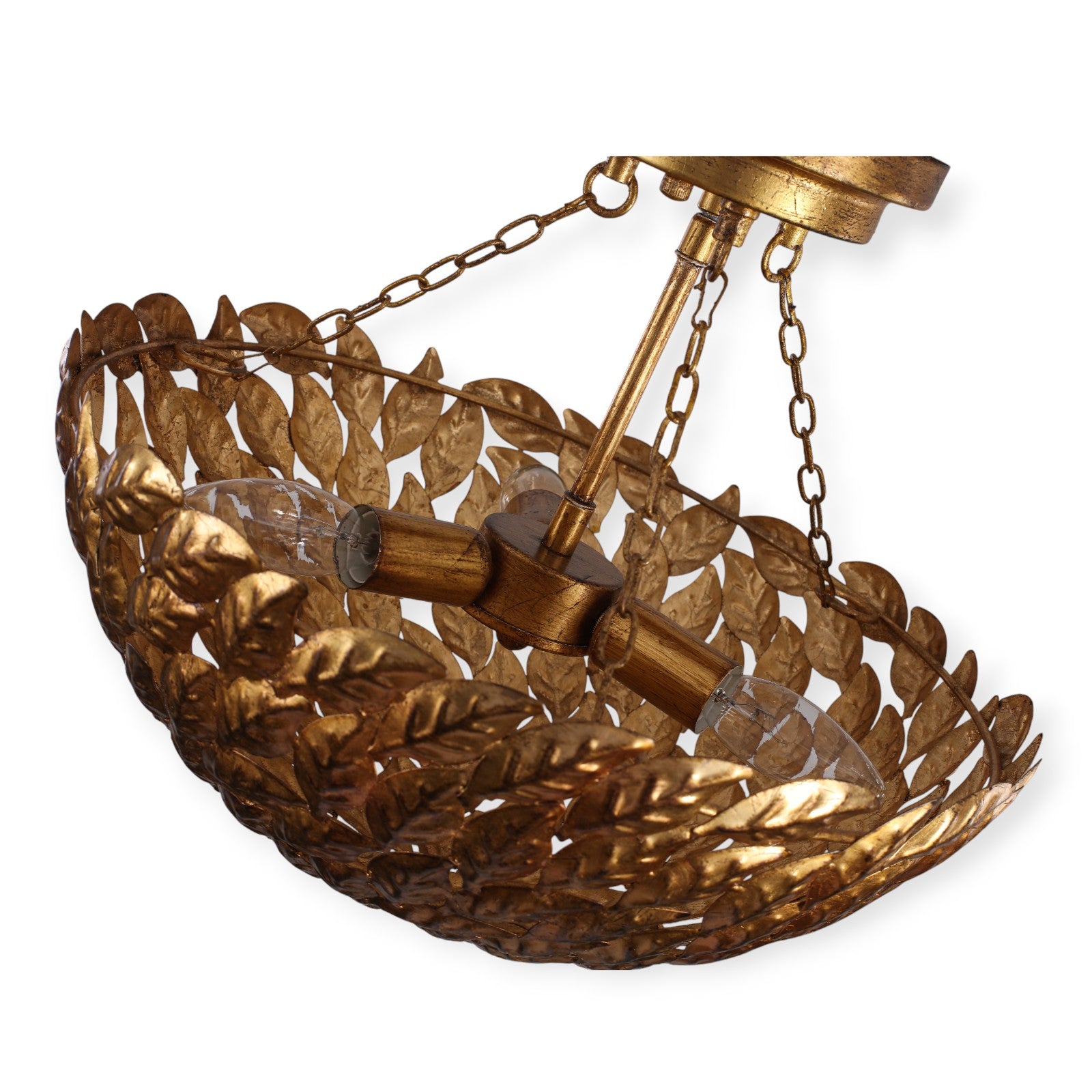 Glowlings 3-Light Vintage 16"Wide Antique Gild Gold Leaf Leaves Round Semi-Flush Mount