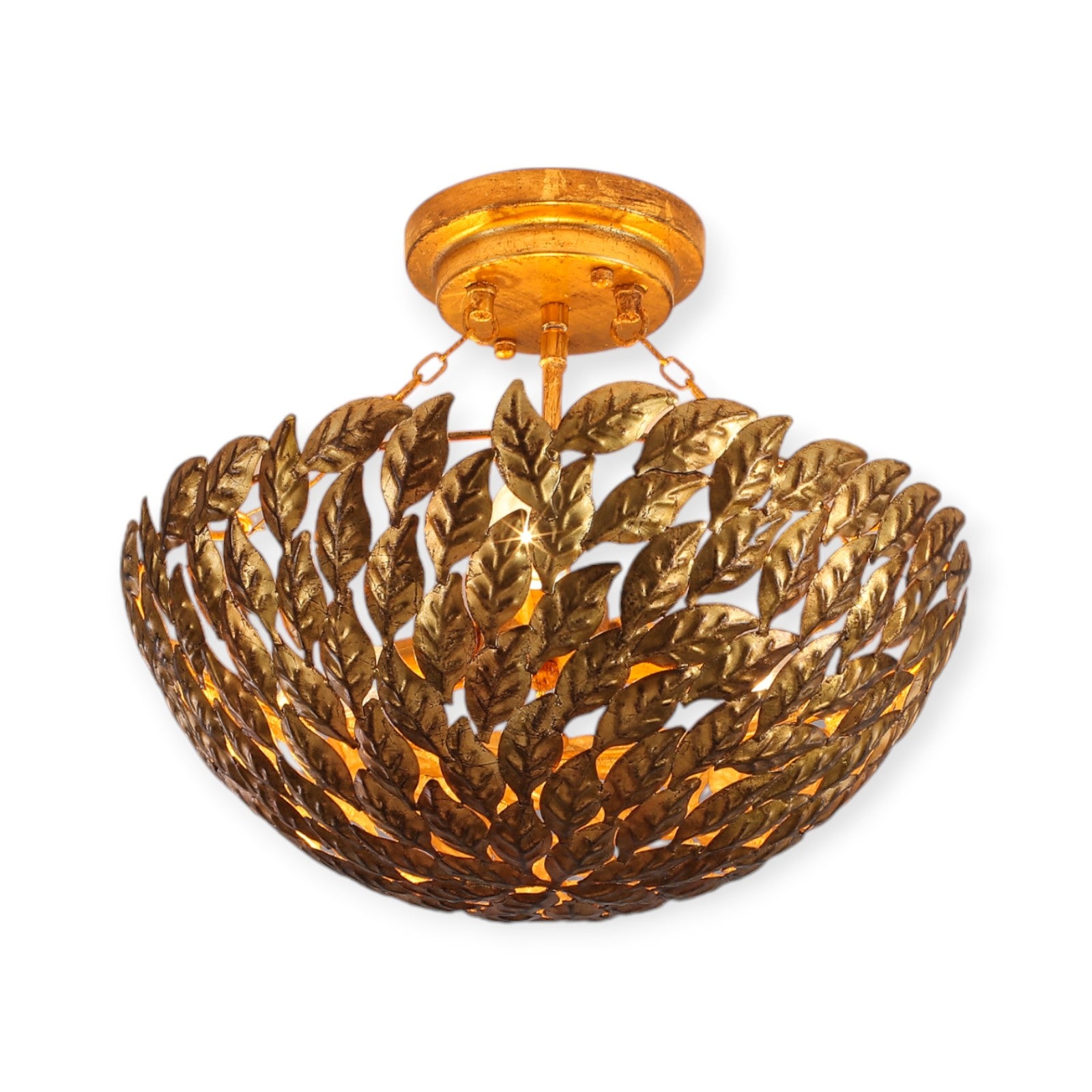 Glowlings 3-Light Vintage 16"Wide Antique Gild Gold Leaf Leaves Round Semi-Flush Mount