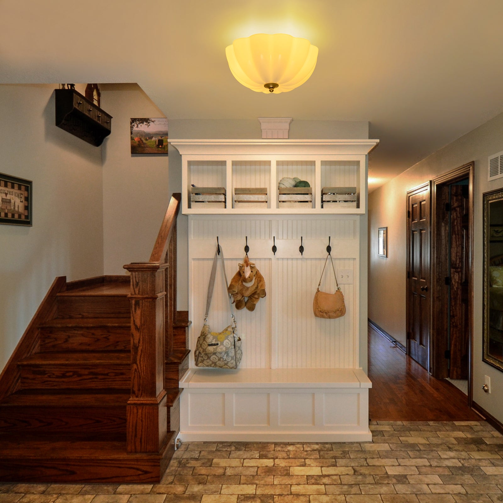 Glowlings 3-flammige Vintage-Deckenleuchte, 40,6 cm breit, mattiertes Wolkenglas, halbbündige Montage