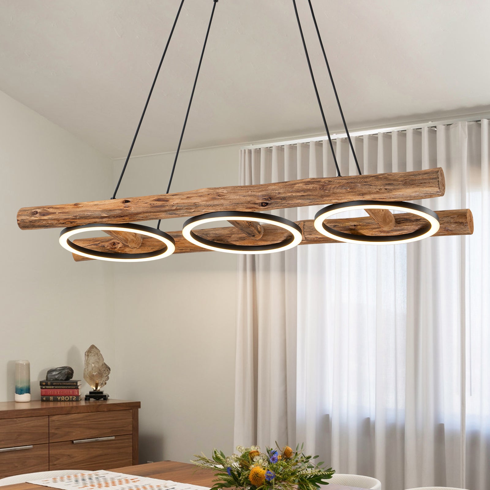 Glowlings 3-flammige Vintage-Pendelleuchte, 109,2 cm breit, rechteckig, LED, linear, Holz, Inselleuchte