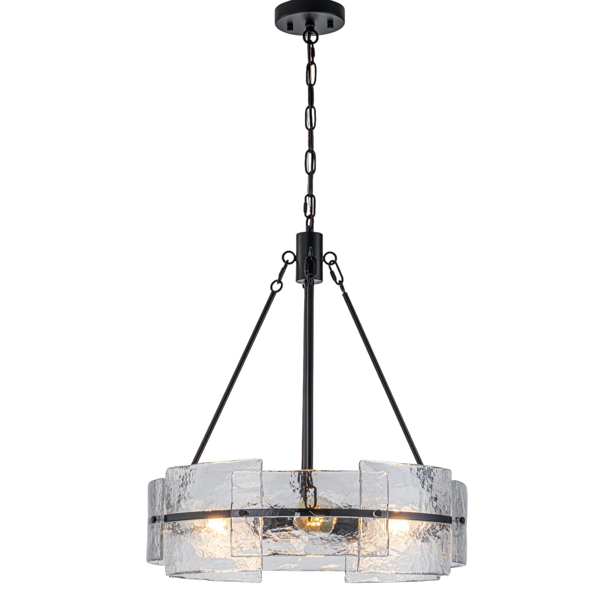 Glowlings 4-Light Modern Black Round Glass Chandelier with Water Ripple Clear Shade