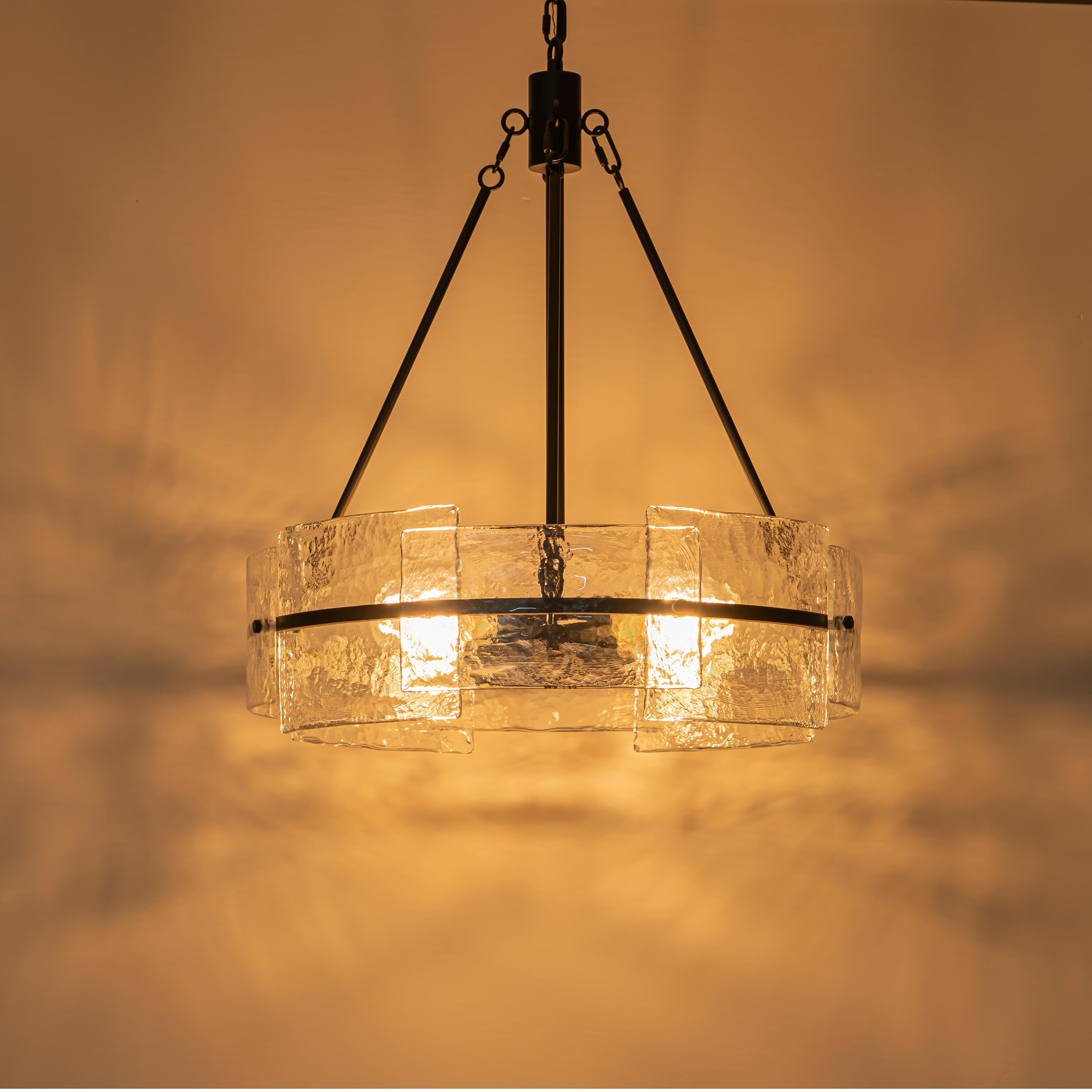 Glowlings 4-Light Modern Black Round Glass Chandelier with Water Ripple Clear Shade