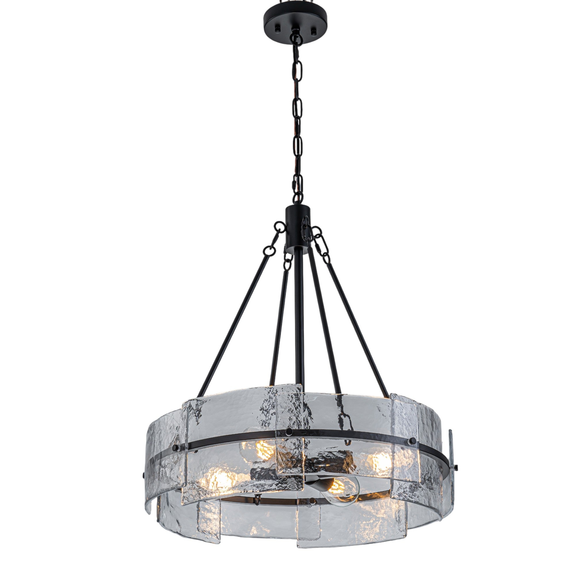 Glowlings 4-Light Modern Black Round Glass Chandelier with Water Ripple Clear Shade