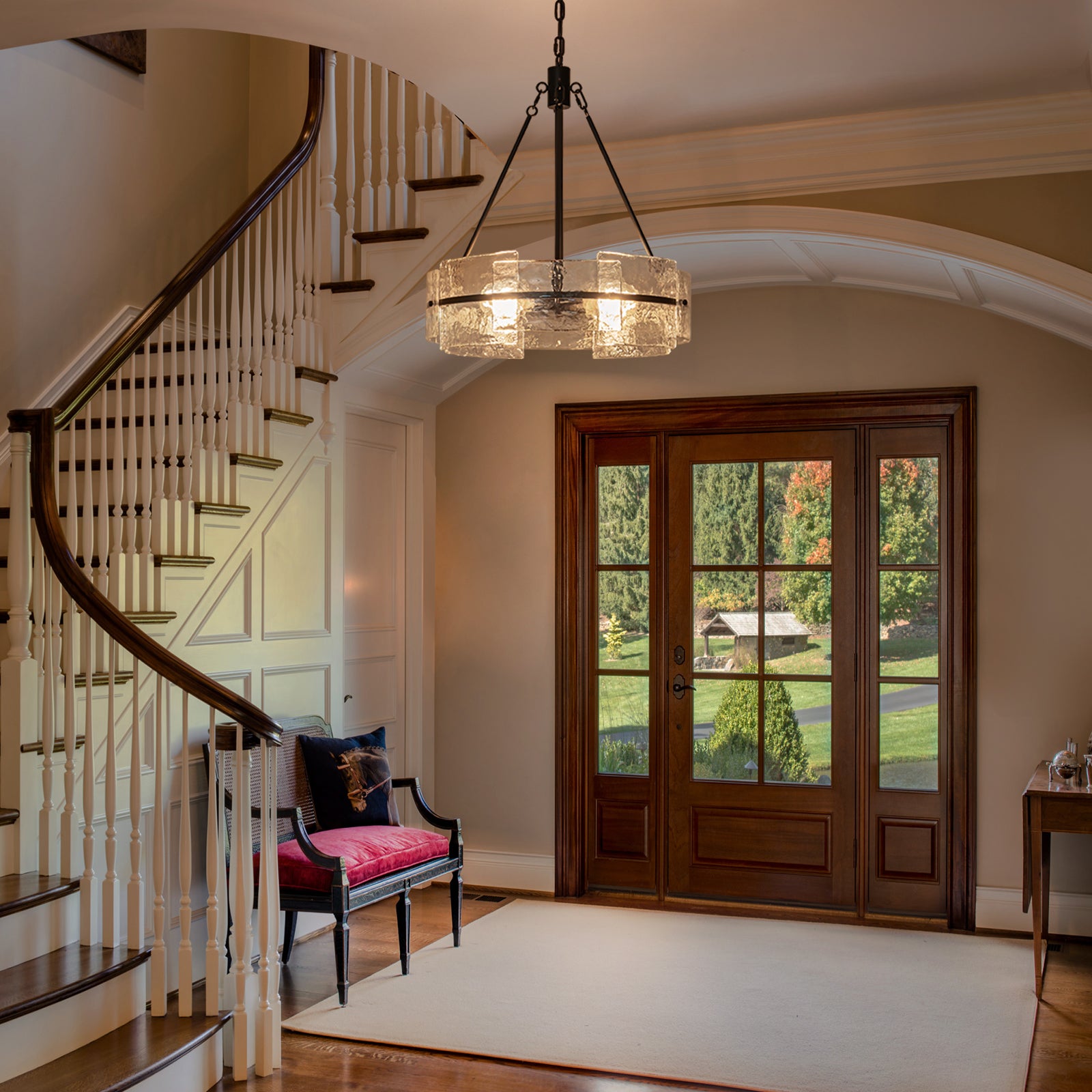 Glowlings 4-Light Modern Black Round Glass Chandelier with Water Ripple Clear Shade