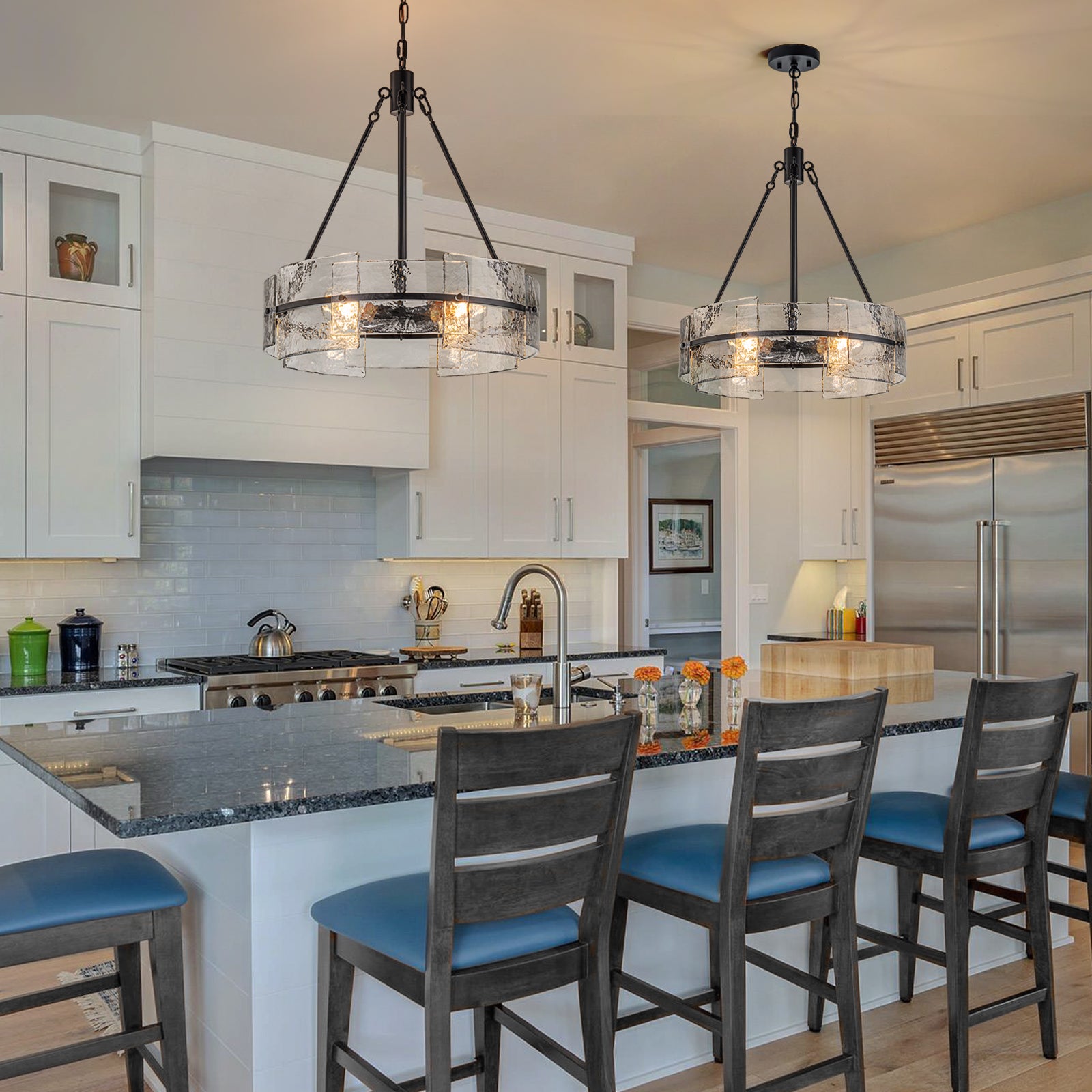 Glowlings 4-Light Modern Black Round Glass Chandelier with Water Ripple Clear Shade