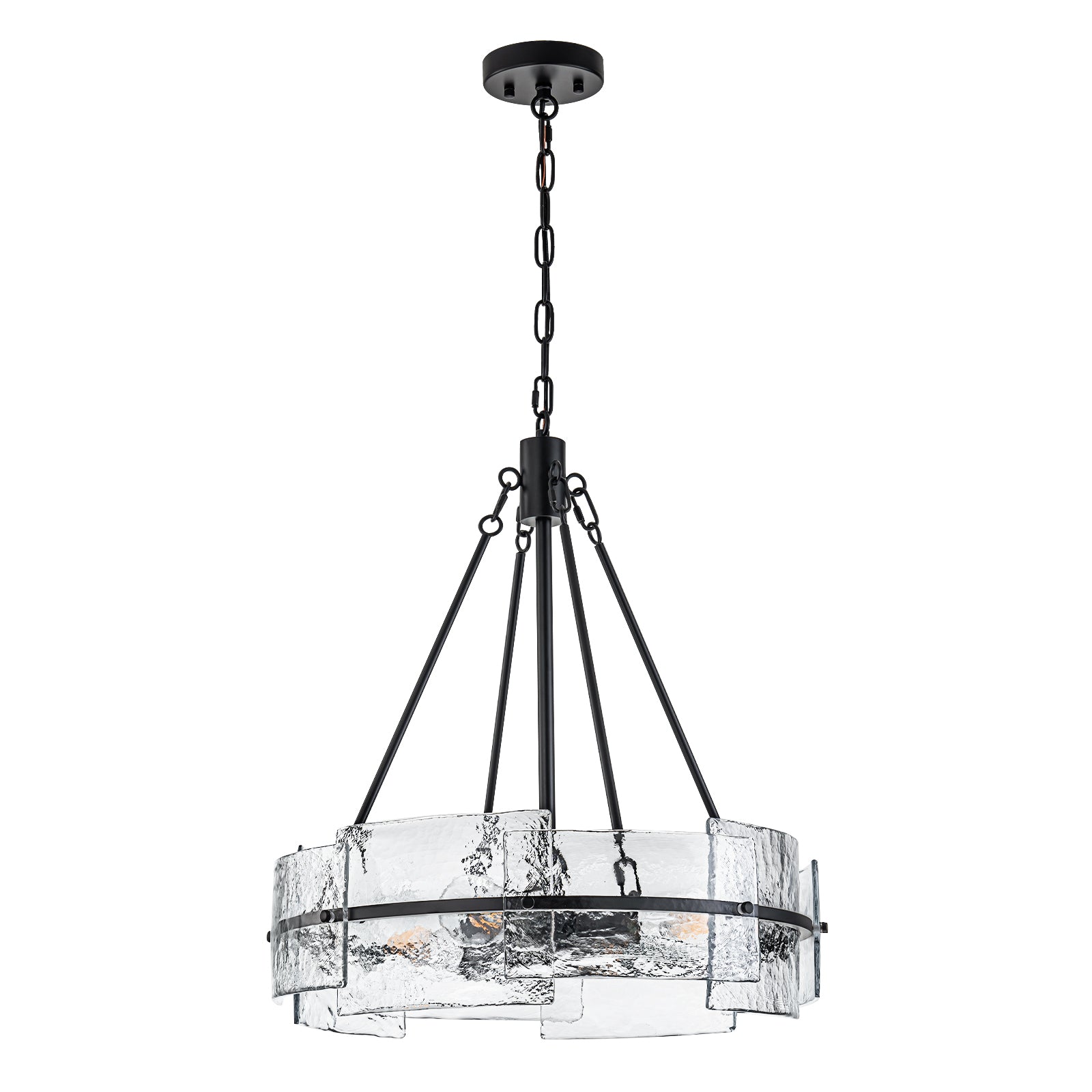 Glowlings 4-Light Modern Black Round Glass Chandelier with Water Ripple Clear Shade