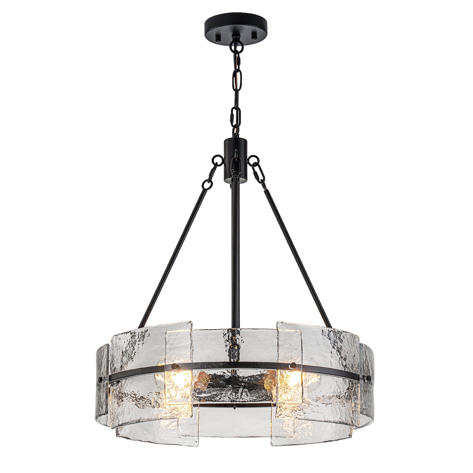 Glowlings 4-Light Modern Black Round Glass Chandelier with Water Ripple Clear Shade