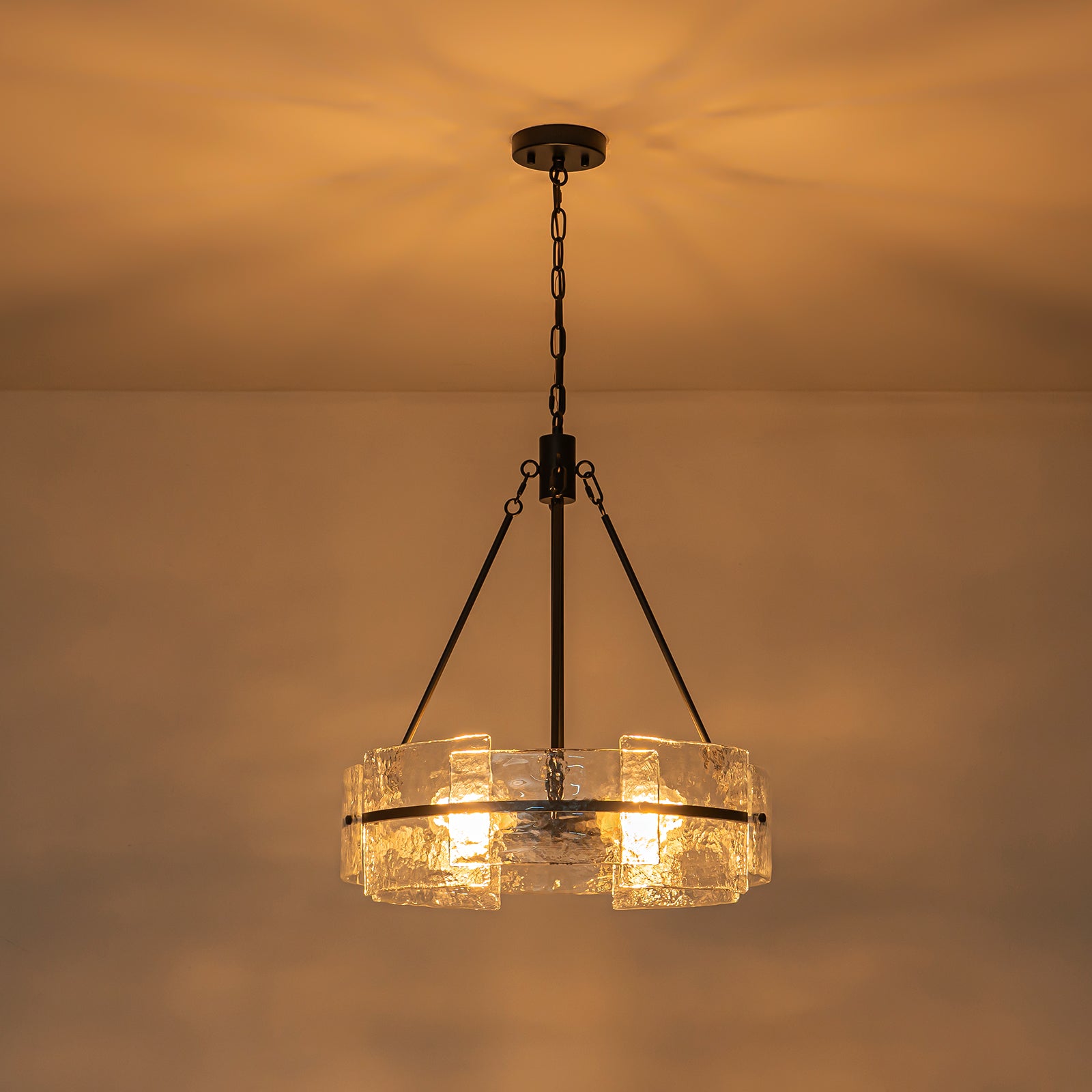 Glowlings 4-Light Modern Black Round Glass Chandelier with Water Ripple Clear Shade