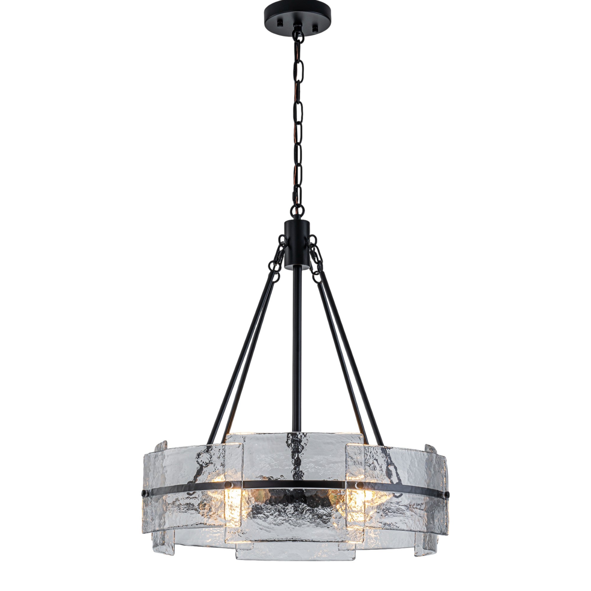 Glowlings 4-Light Modern Black Round Glass Chandelier with Water Ripple Clear Shade