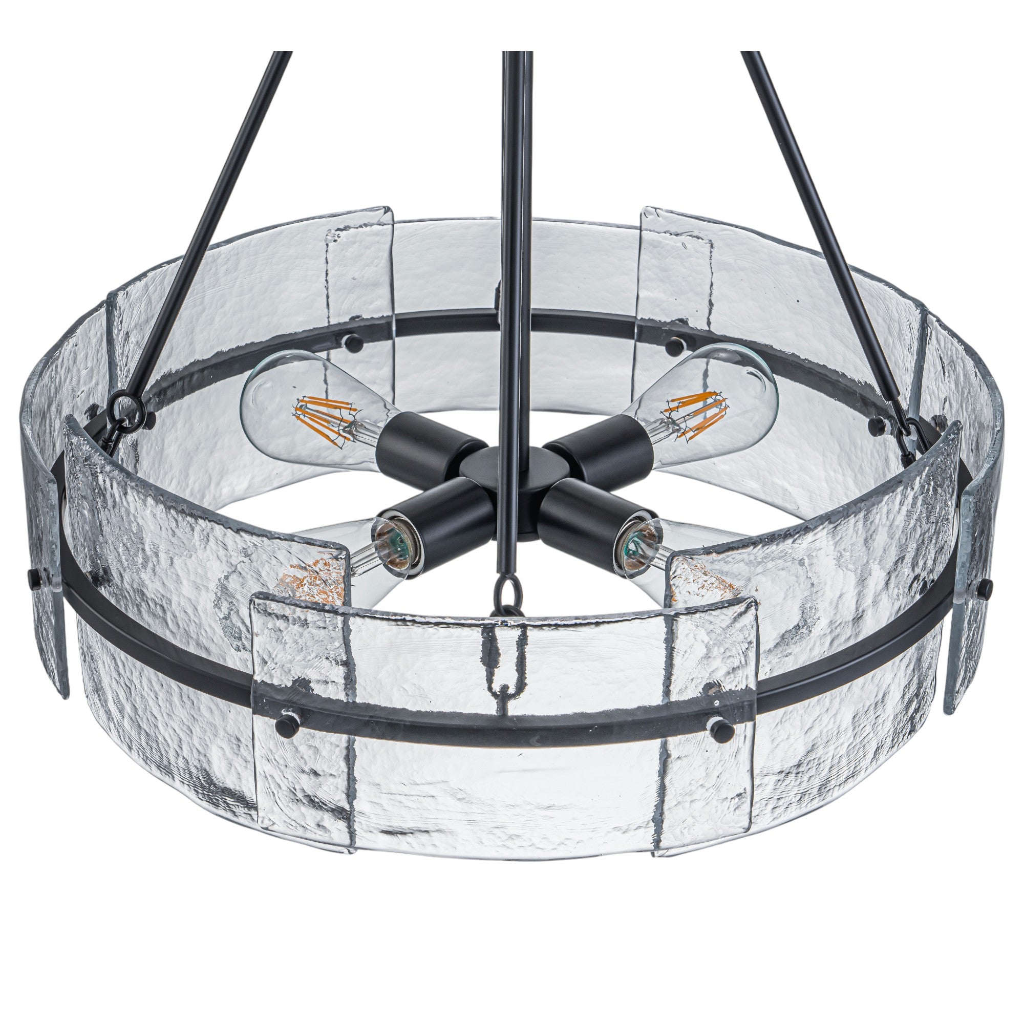 Glowlings 4-Light Modern Black Round Glass Chandelier with Water Ripple Clear Shade