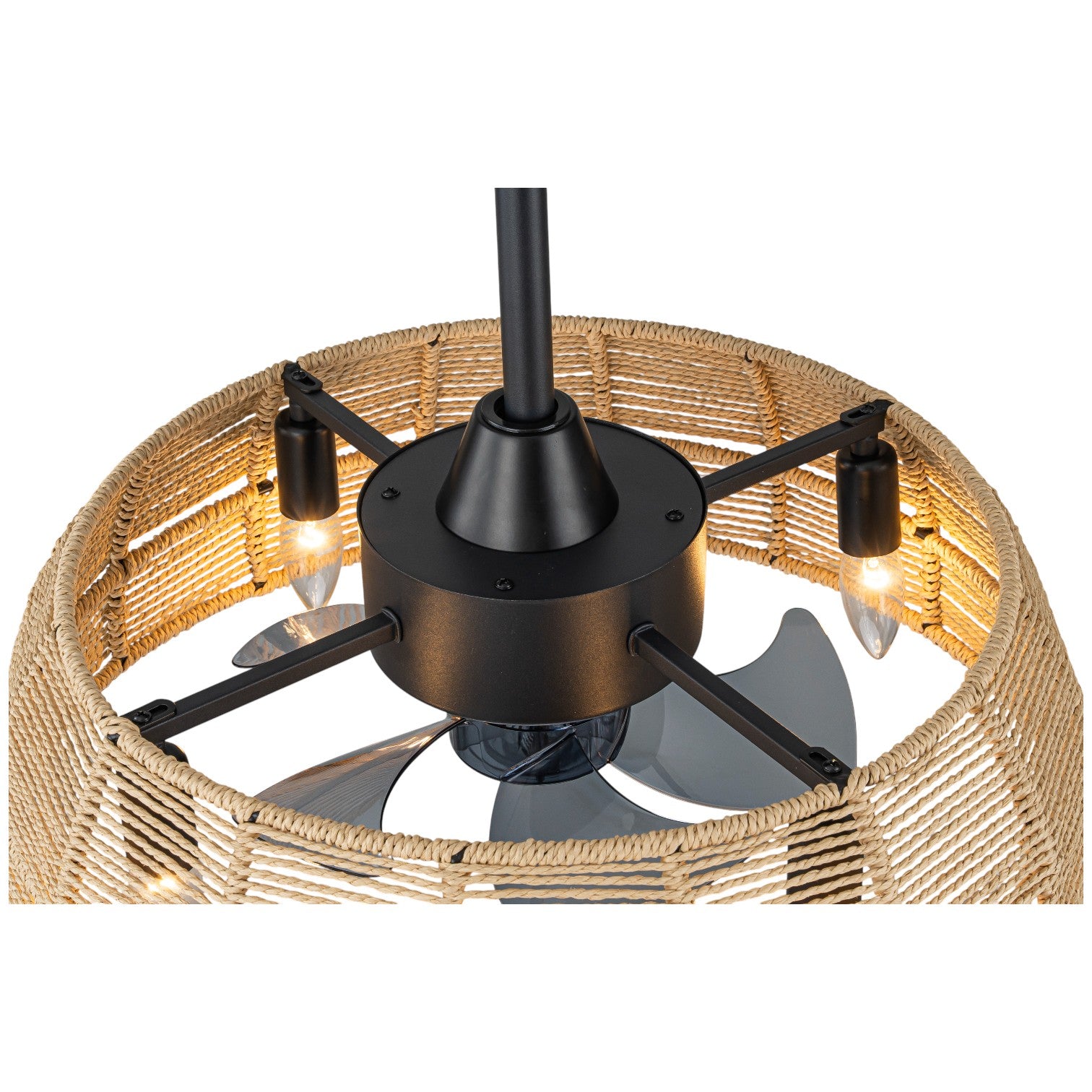 Glowlings 4-Light Boho Handwoven Natural Rope Shade Semi Flush Mount Ceiling Fan with Light for Low Ceilings