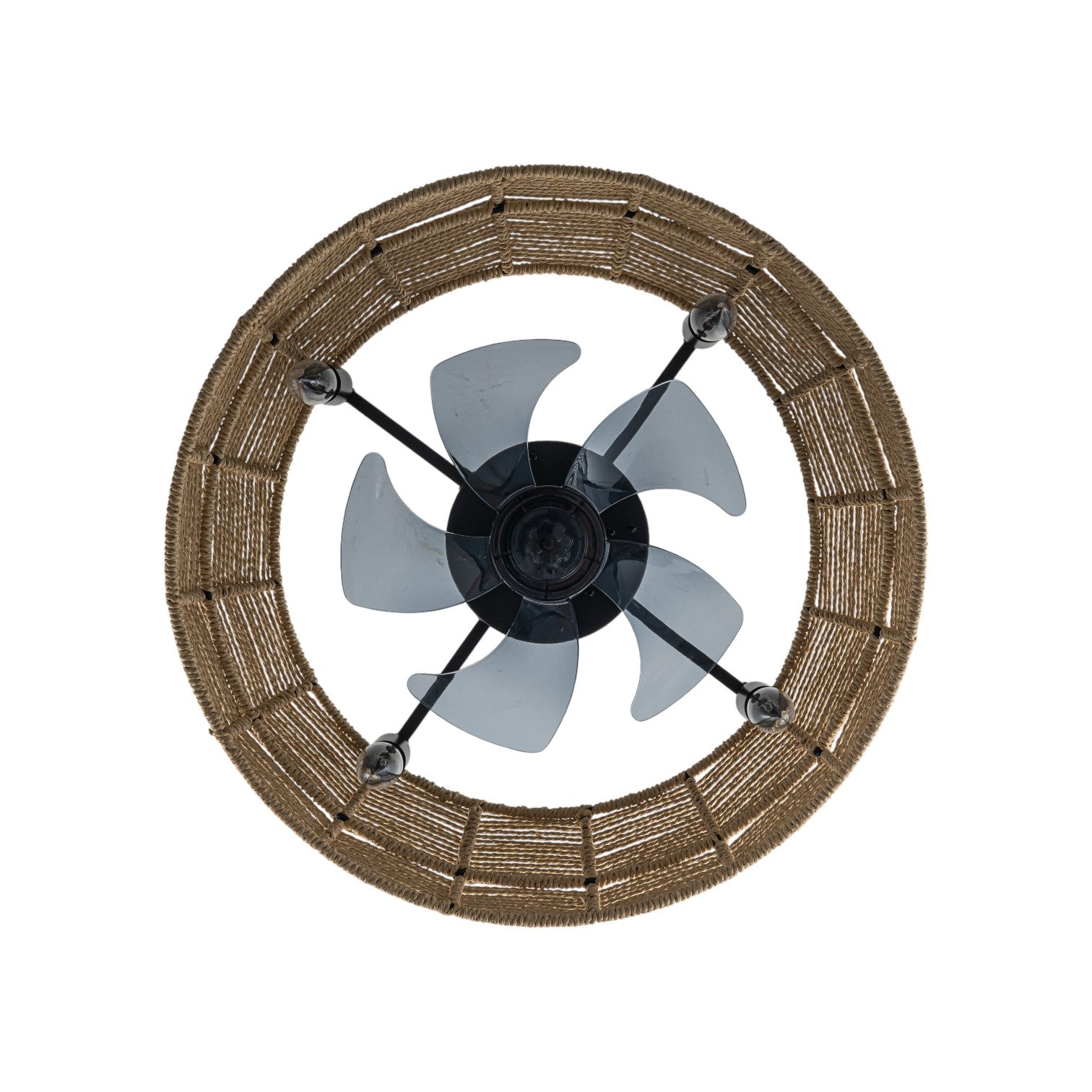 Glowlings 4-Light Boho Handwoven Natural Rope Shade Semi Flush Mount Ceiling Fan with Light for Low Ceilings