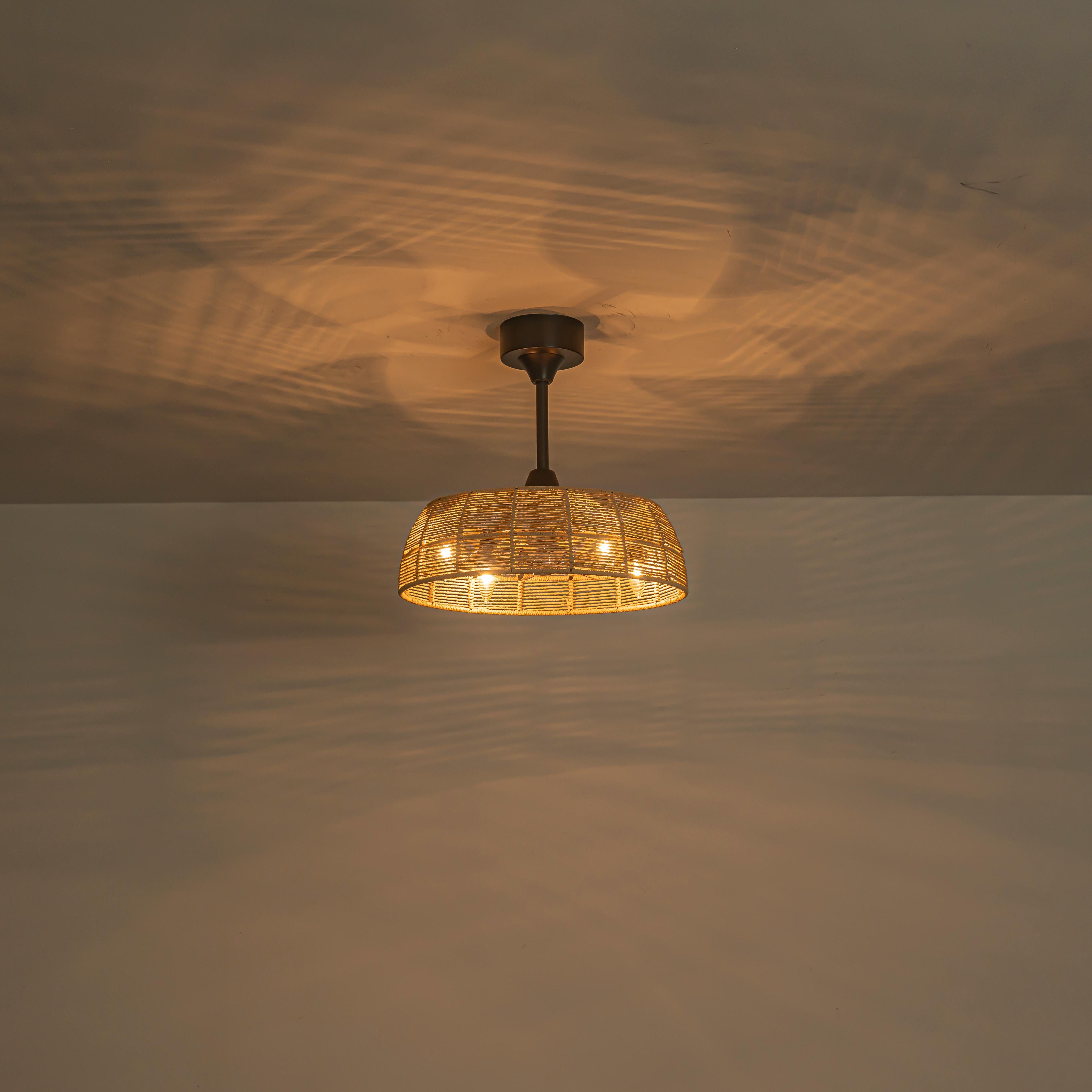 Glowlings 4-Light Boho Handwoven Natural Rope Shade Semi Flush Mount Ceiling Fan with Light for Low Ceilings