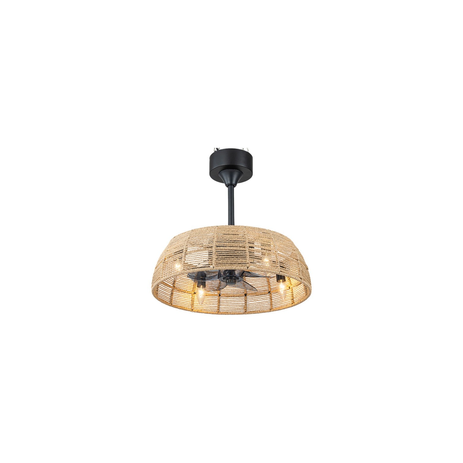 Glowlings 4-Light Boho Handwoven Natural Rope Shade Semi Flush Mount Ceiling Fan with Light for Low Ceilings