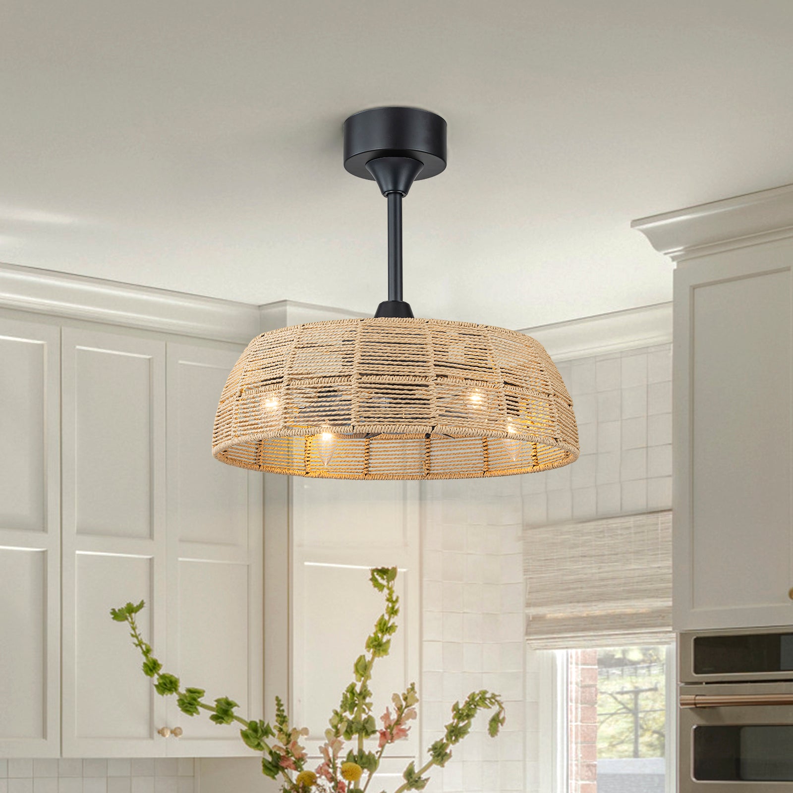 Glowlings 4-Light Boho Handwoven Natural Rope Shade Semi Flush Mount Ceiling Fan with Light for Low Ceilings