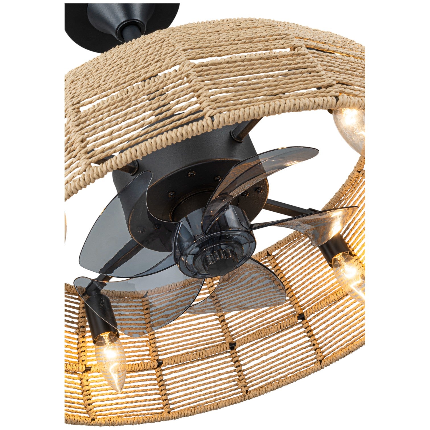 Glowlings 4-Light Boho Handwoven Natural Rope Shade Semi Flush Mount Ceiling Fan with Light for Low Ceilings