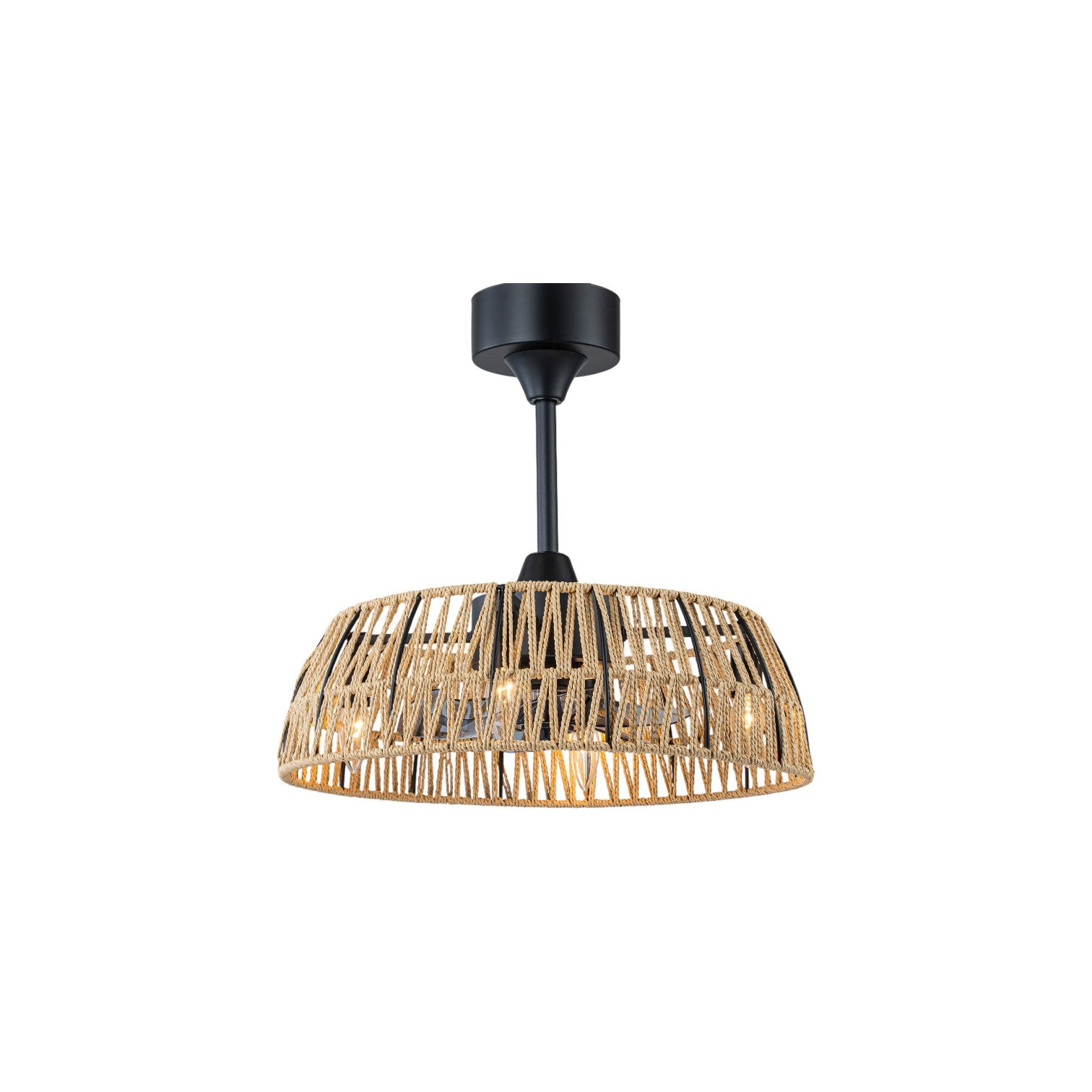 Glowlings 4-Light Boho Handwoven Natural Rope Shade Semi Flush Mount Ceiling Fan with Light for Low Ceilings