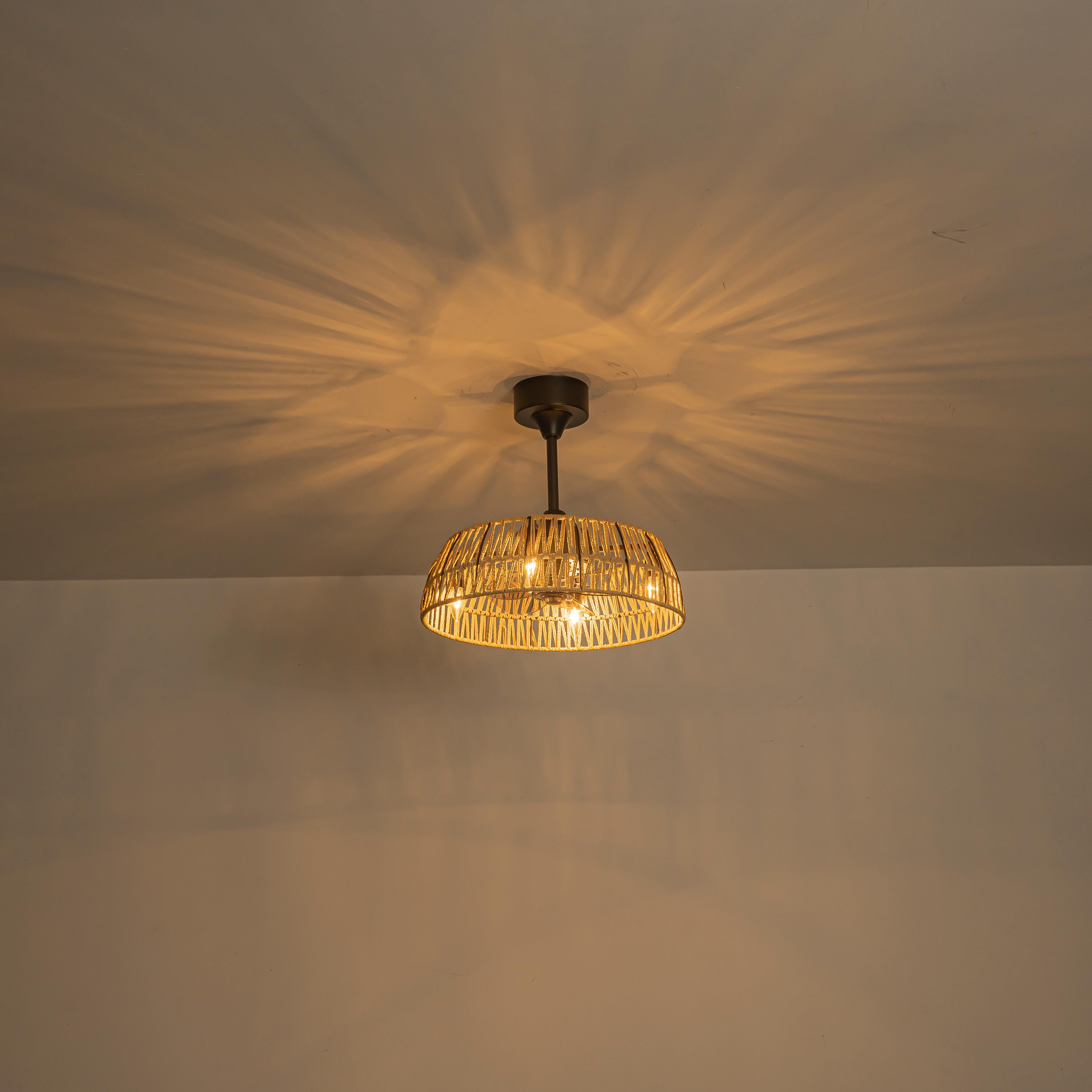 Glowlings 4-Light Boho Handwoven Natural Rope Shade Semi Flush Mount Ceiling Fan with Light for Low Ceilings