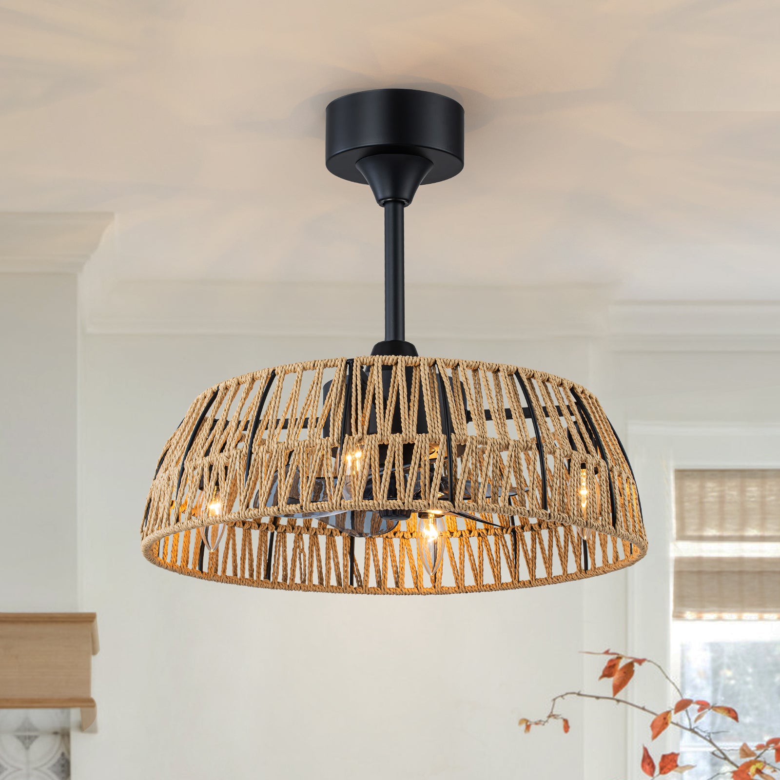 Glowlings 4-Light Boho Handwoven Natural Rope Shade Semi Flush Mount Ceiling Fan with Light for Low Ceilings