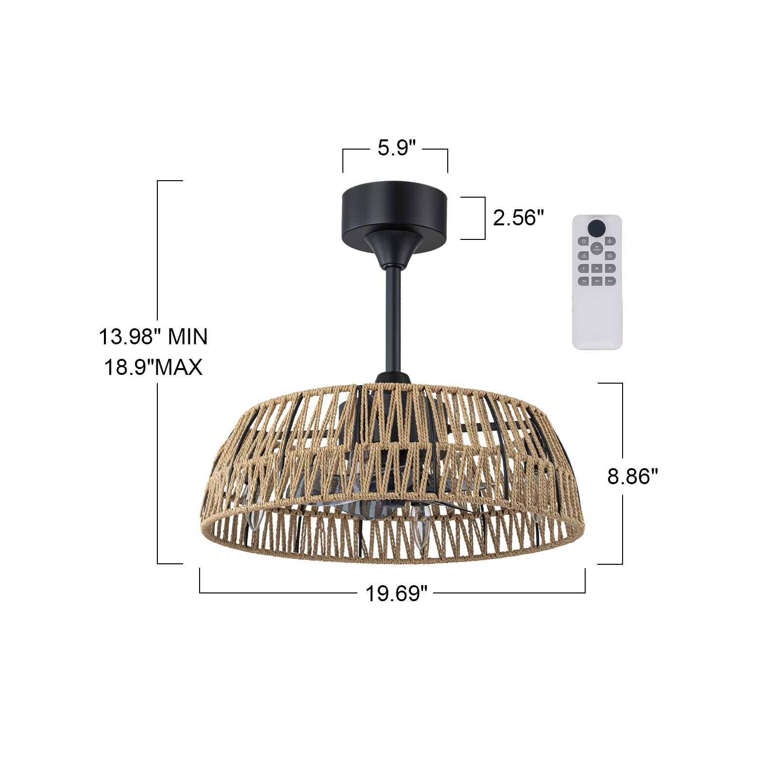 Glowlings 4-Light Boho Handwoven Natural Rope Shade Semi Flush Mount Ceiling Fan with Light for Low Ceilings