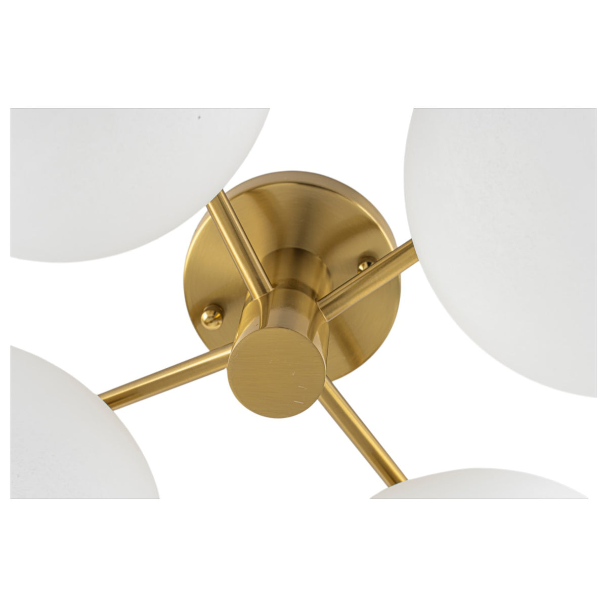 Glowlings Modern 4-Light Brass Gold Sputnik Semi Flush Mount Ceiling Light, Frosted Opal Glass Globe Shade