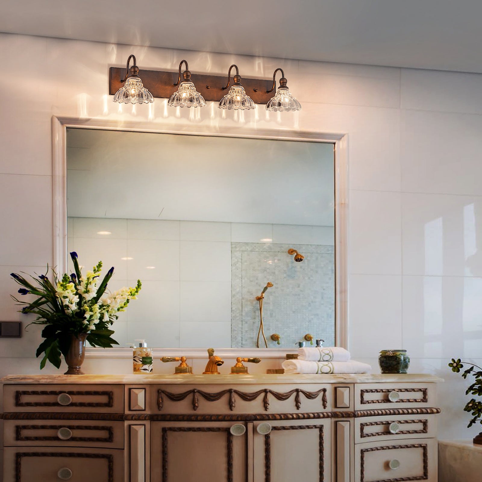 Glowlings 1/3/4-Light Vintage Antique Bronze Glass Flower Shaped Bathroom Vanity Light Over Mirror