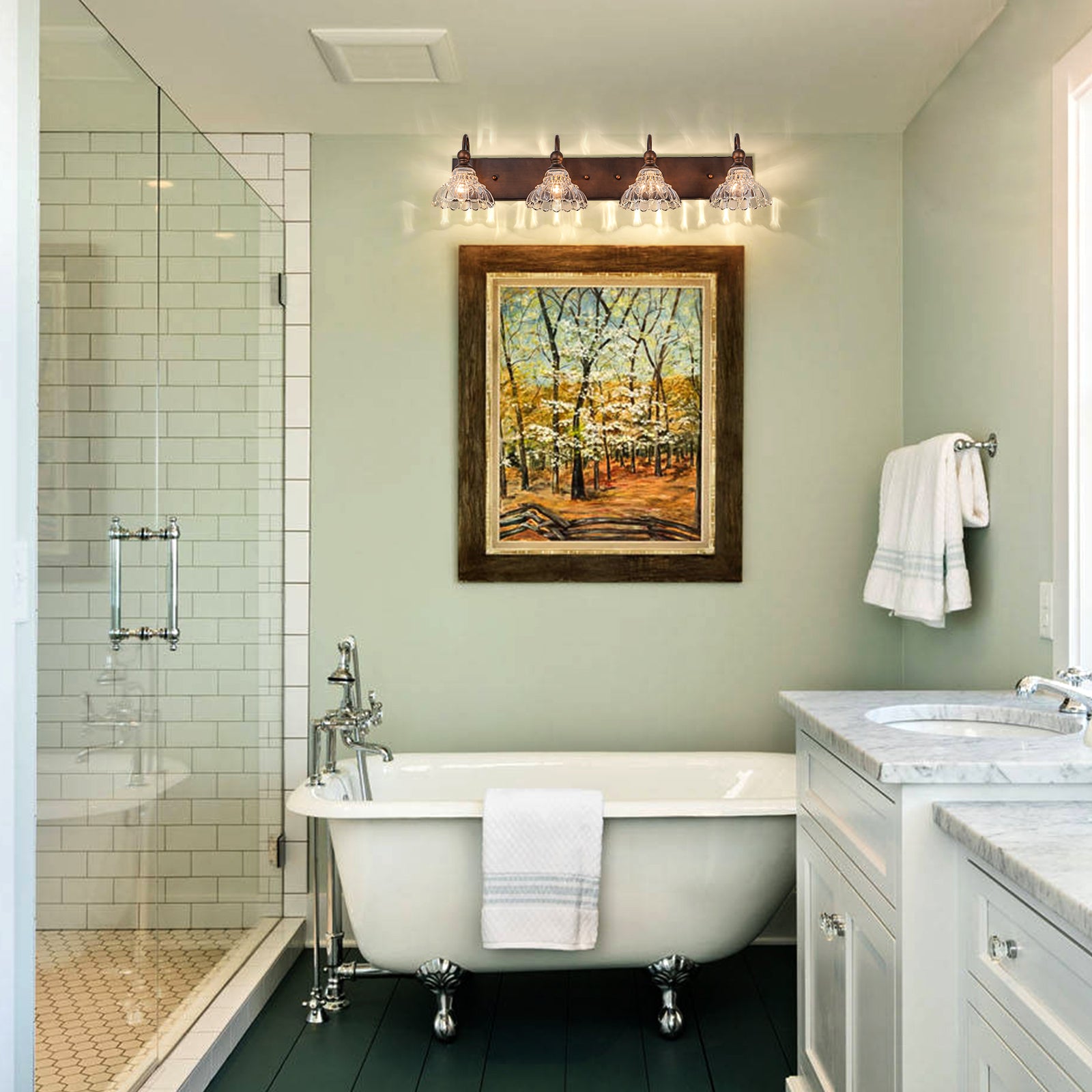 Glowlings 1/3/4-Light Vintage Antique Bronze Glass Flower Shaped Bathroom Vanity Light Over Mirror